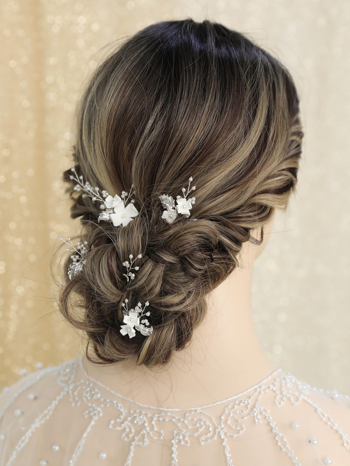 SELFCLOUD Handmade Pearl Bridal Wedding Hair Pins 6Pcs White Flower Gold Leaf Pearls Clips Bridal Hair Accessories for Women Brides Bridesmaid