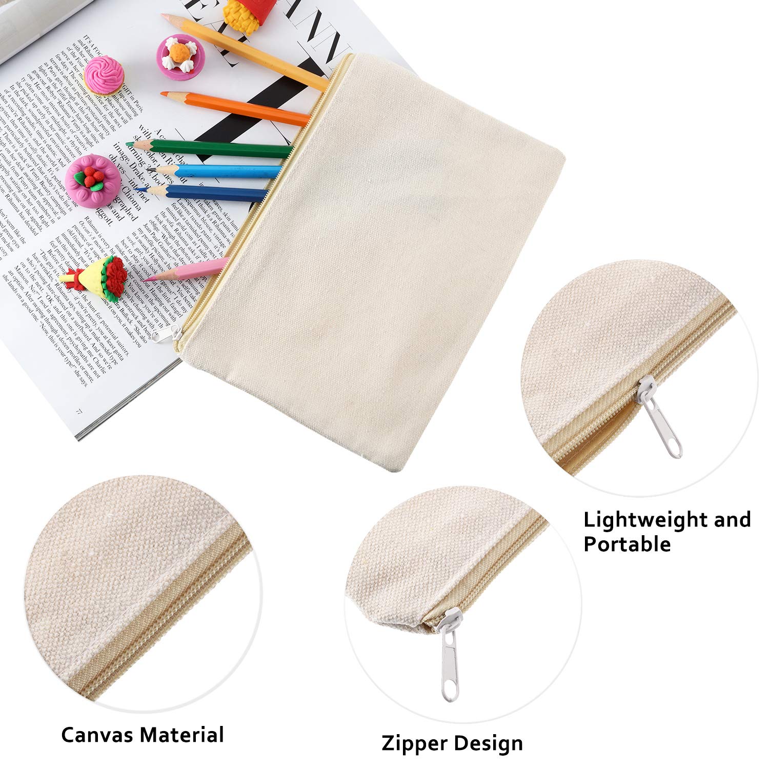 16 Pack Canvas Makeup Bags - Blank Zipper Pouches for DIY Crafts & Travel Toiletry Storage (Beige)