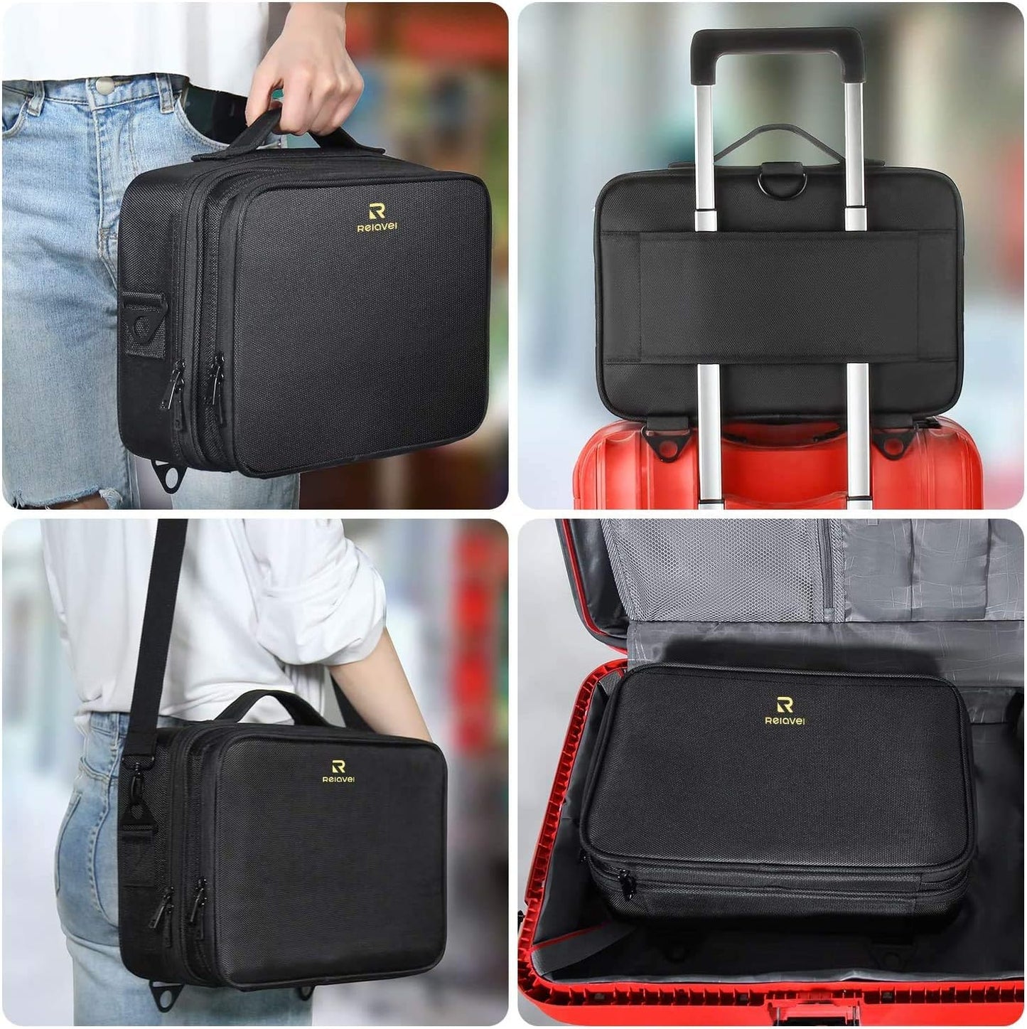 Relavel Portable Travel Makeup Case Organizer with Adjustable Dividers - Black Cosmetic Storage for Brushes, Toiletries & Jewelry