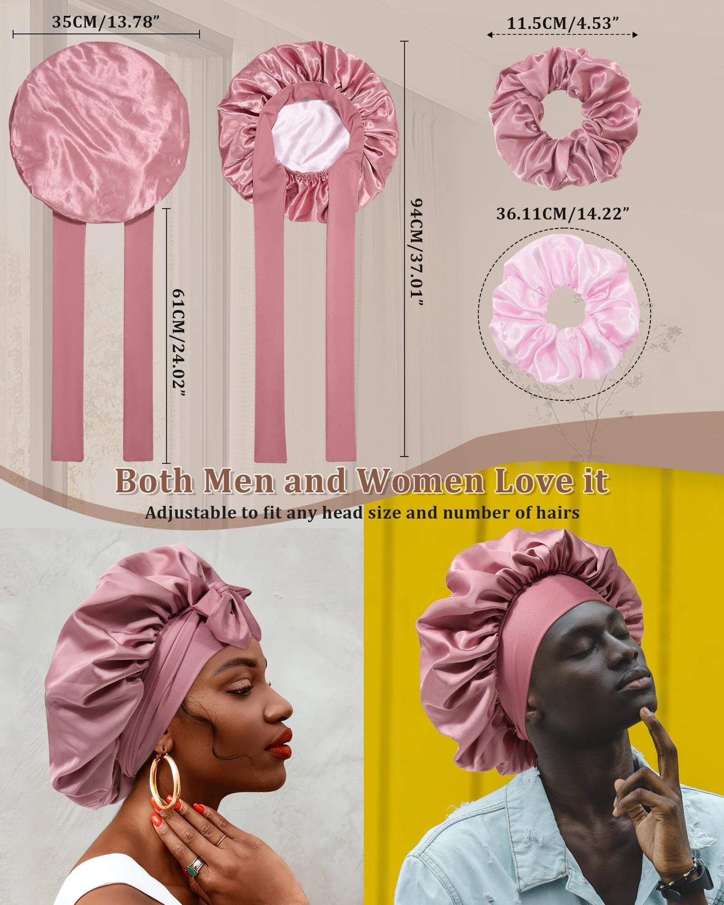 Reversible Satin Bonnet for Sleeping Women - Double Layer Hair Wrap with 2PCS Scrunchies & Elastic Tie Band - Night Cap for Natural Curly Hair (Bean Paste + Pink)