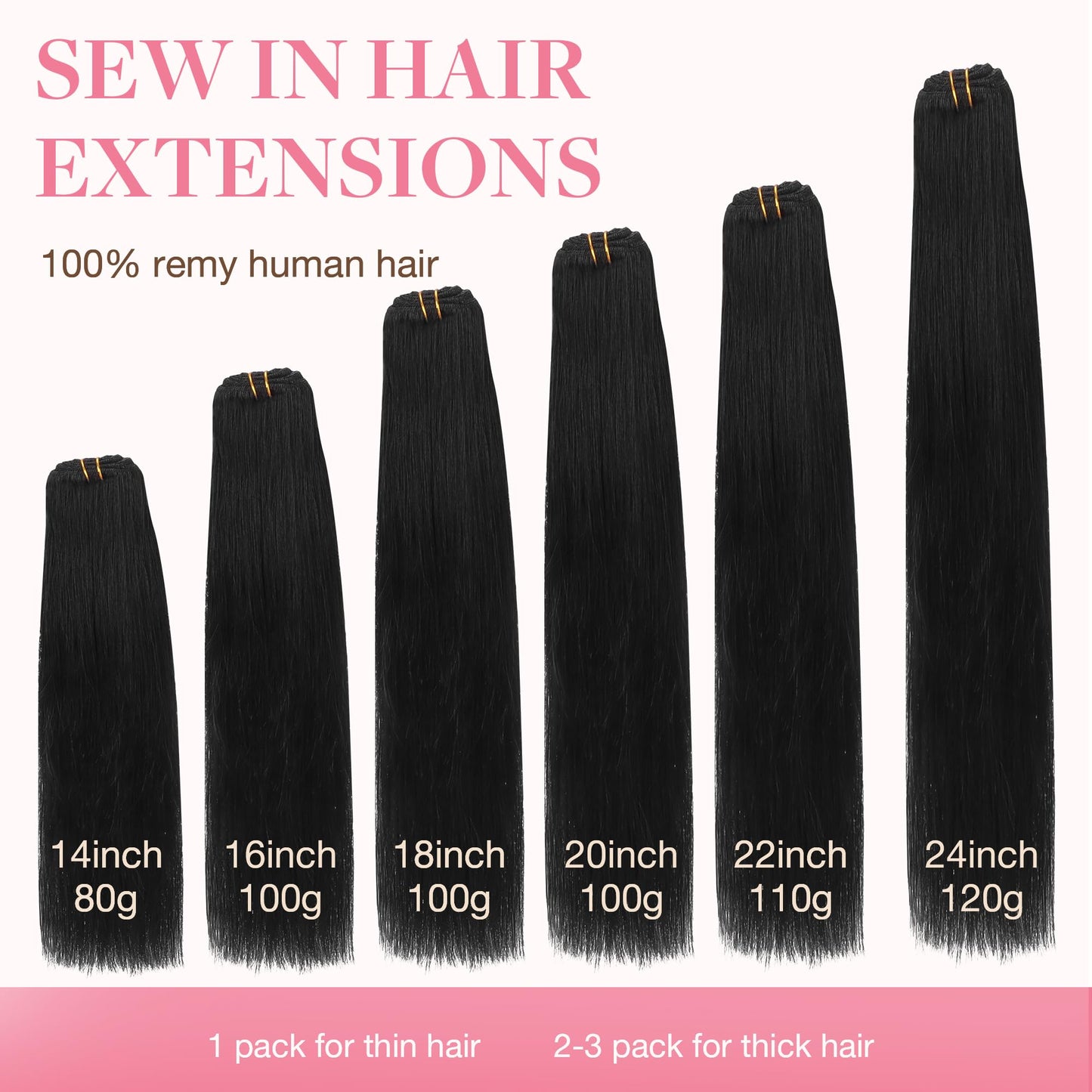 GOO GOO Sew in Hair Extensions Real Human Hair, Weft Hair Extensions Human Hair, 1 Jet black 22inch 110g, Weft Bundles Straight Silky Remy Hair