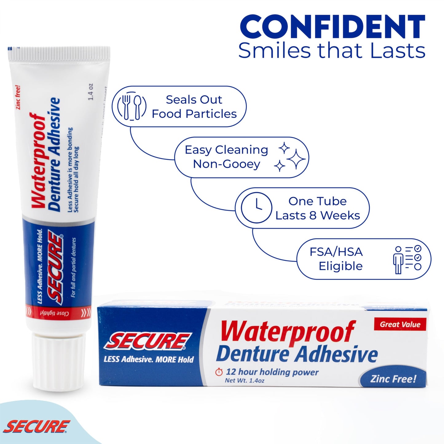 Secure Waterproof Denture Adhesive - Zinc Free - Extra Strong Hold For Upper, Lower or Partials - 1.4 oz