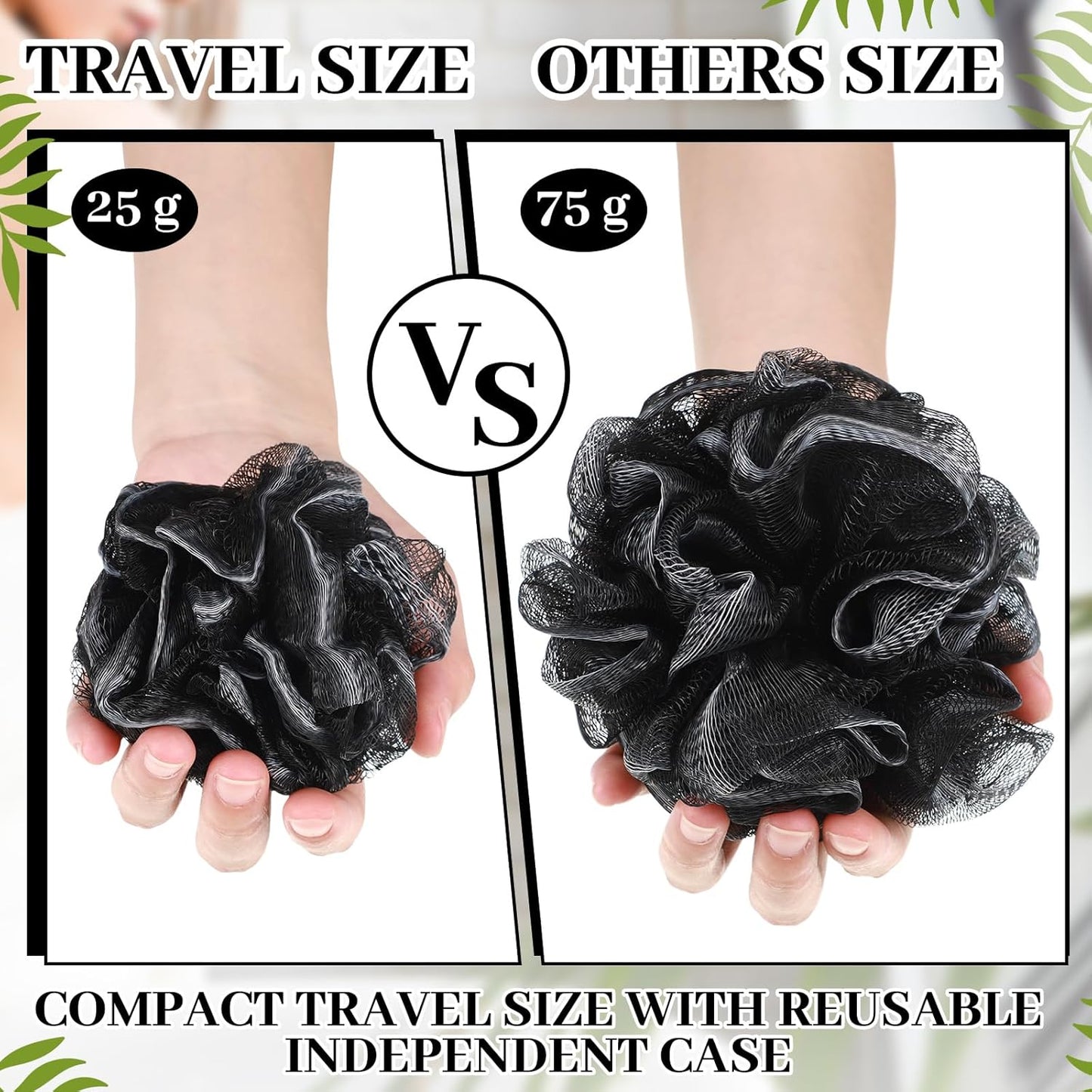 Travel Size Loofah Set - 12 Individually Wrapped Mini Bath Sponges with Case (Black, 25g)