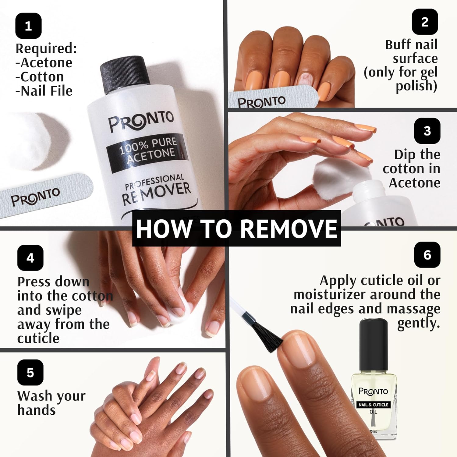 Pronto Pure Acetone 16 oz Nail Polish Remover - Complete Acrylic Nail Kit with Cuticle Pusher, Nail File & Buffer for Gel & Dip Powder Removal