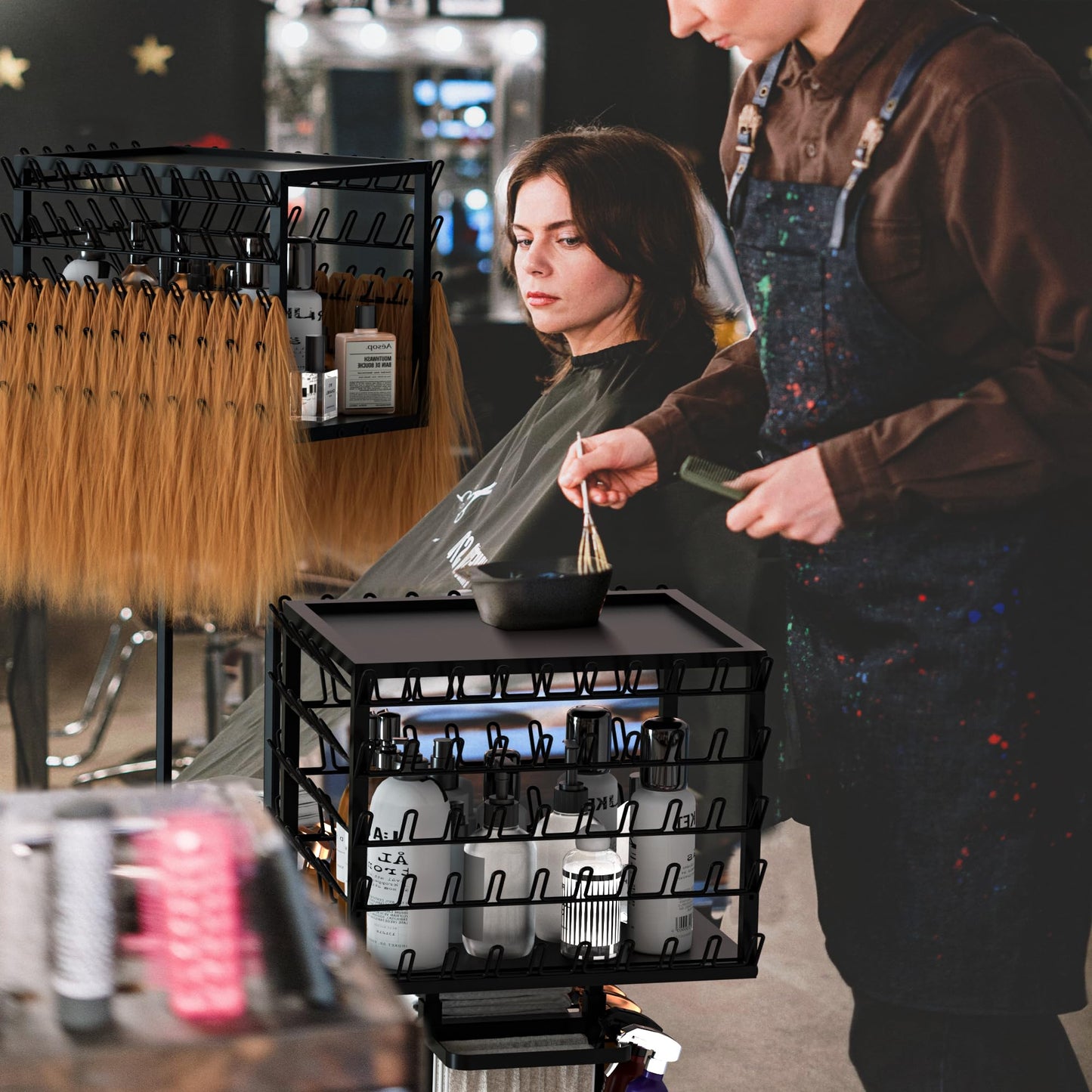 yeshine Metal Braiding Hair Rack, Hair Extension Holder Height Adjustable, Braiding Hair Holder with Wheels, Hair Braiding Tools, 3 Sided Hair Separator Stand with Large Capacity (128 Pegs)