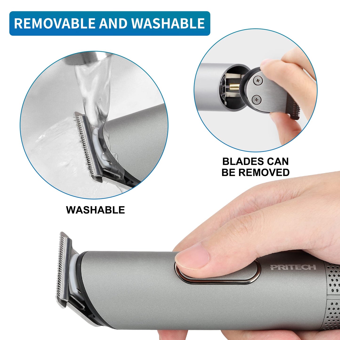 PRITECH Beard Trimmer for Men - Rechargeable Men's Electric Trimmer & Razor, Cordless Body Groomer for Face, Neck, Groin & Manscaping, Includes Standing Charging Dock, Ideal Gift for Men, Gray