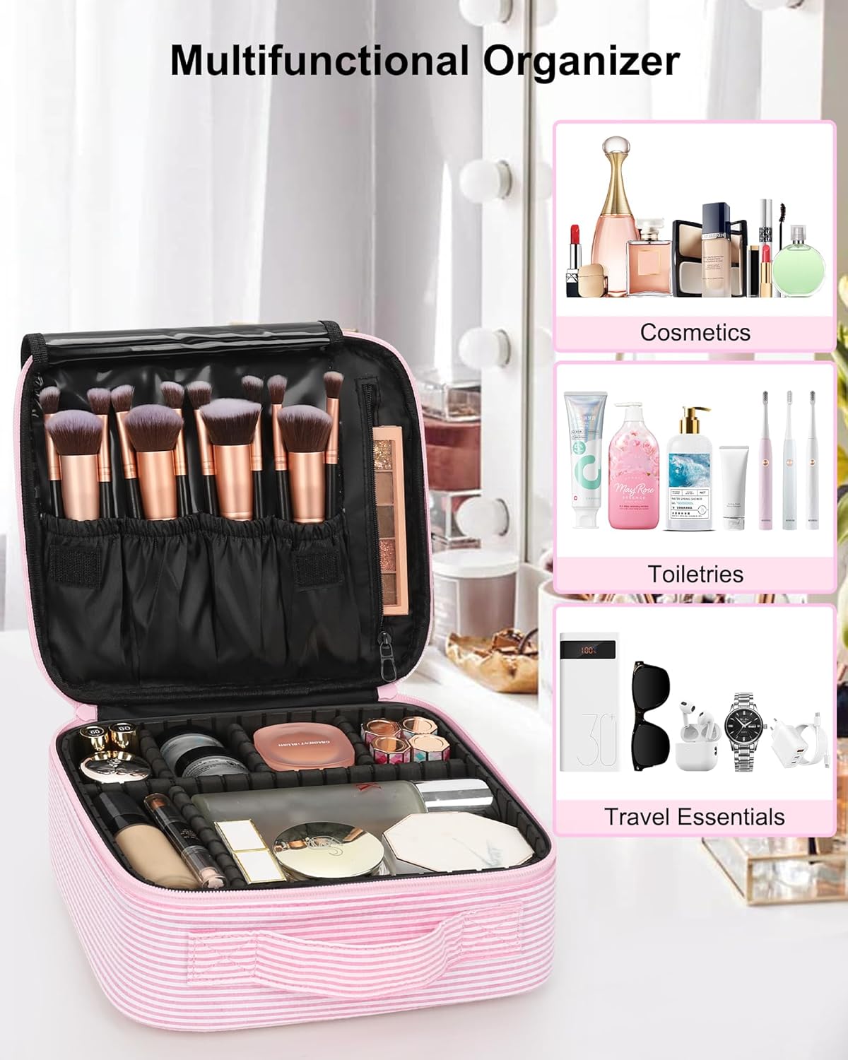 Relavel Portable Travel Makeup Case Organizer with Adjustable Dividers - Black Cosmetic Storage for Brushes, Toiletries & Jewelry