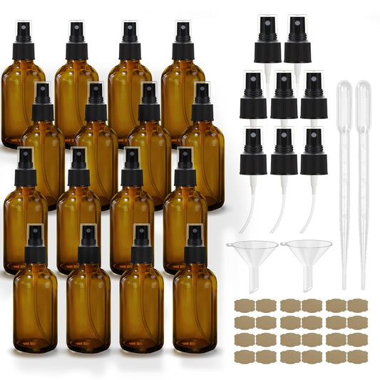 Set of 16 Amber 4oz Glass Spray Bottles - Fine Mist Refillable Containers with Nozzles, Funnels, Droppers & Labels