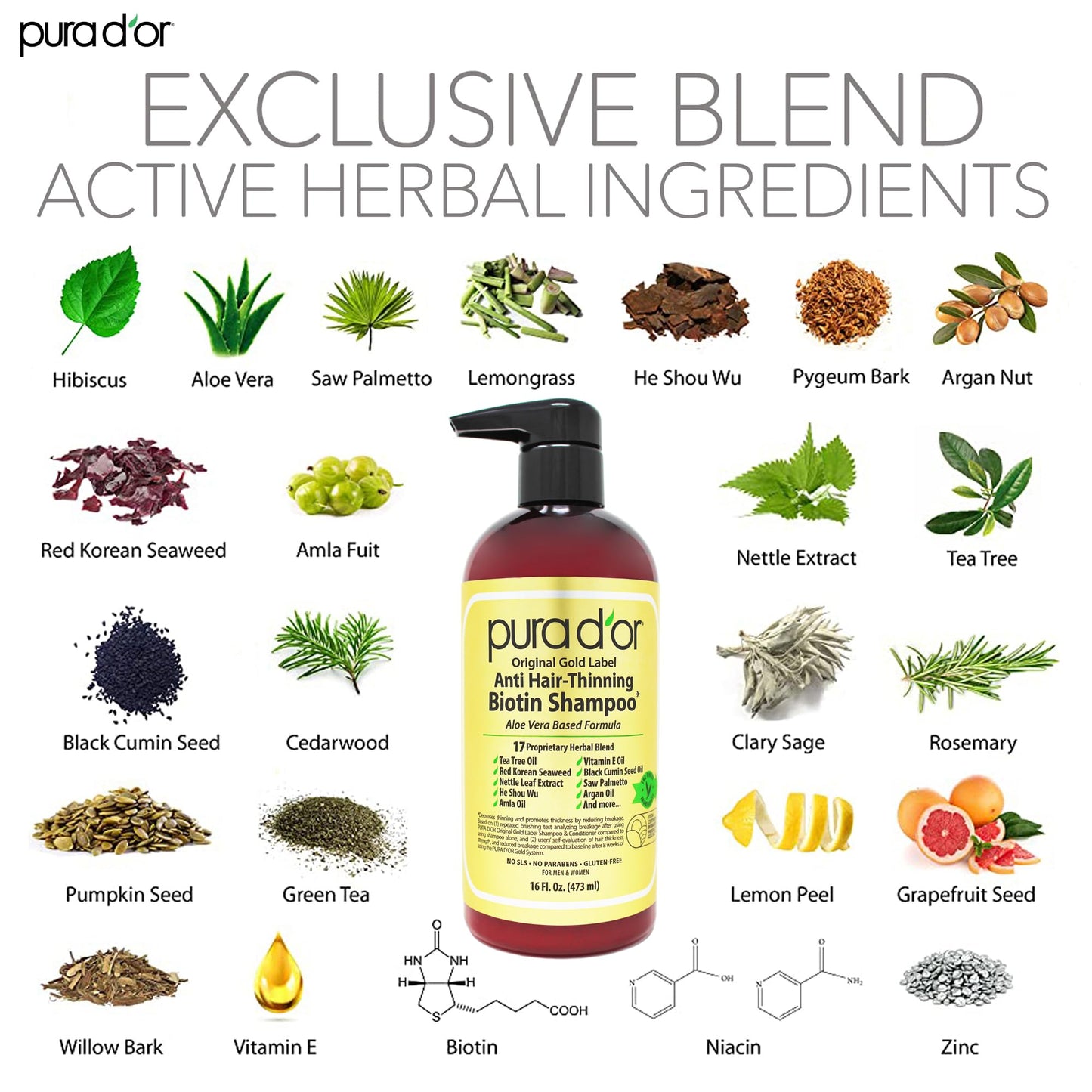 PURA D'OR 16 Oz Original Gold Label Anti-Thinning Biotin Shampoo Natural Earthy Scent, CLINICALLY TESTED Effective Results, Herbal Hair Thickening Products, 3-1 Wash, Women & Men, Color Treated Hair