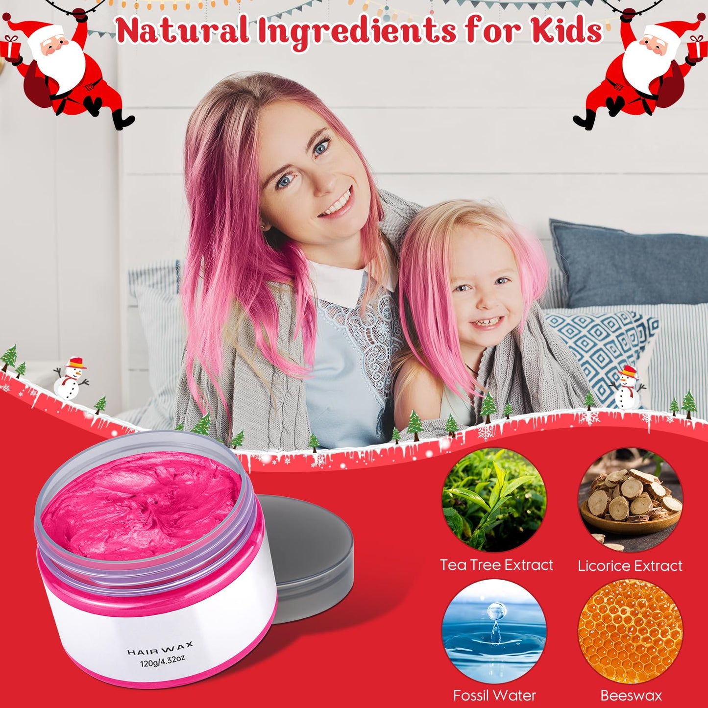 Temporary Hair Color Wax Washable & Non-Toxic Hair Styling Clay for Girls Kids Age 4-12+ Pink & Blue Hair Dye for Halloween, Cosplay, Birthday, Christmas, Party
