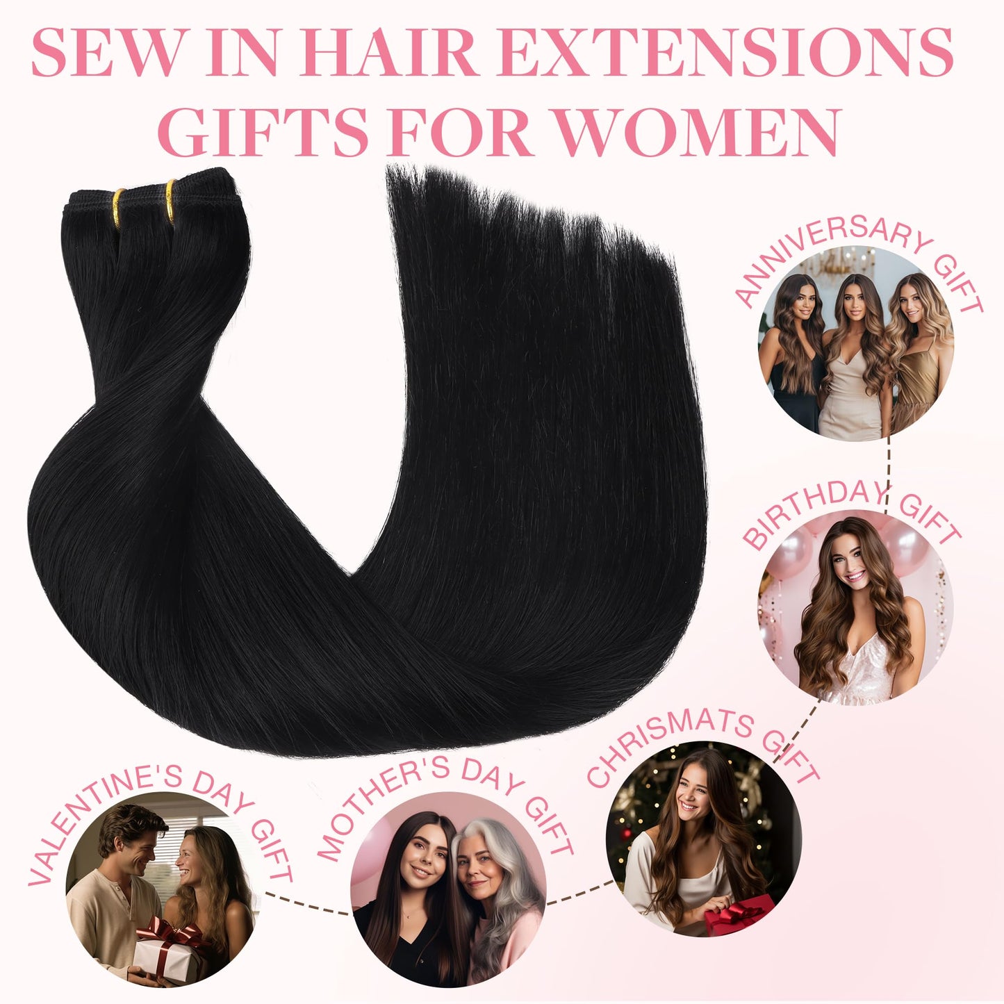GOO GOO Sew in Hair Extensions Real Human Hair, Weft Hair Extensions Human Hair, 1 Jet black 22inch 110g, Weft Bundles Straight Silky Remy Hair