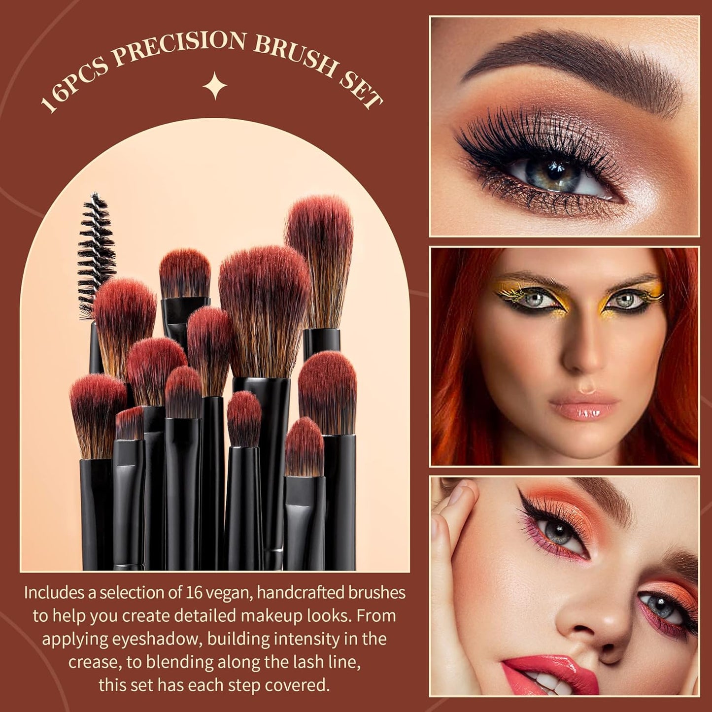 Vegan Makeup Brush Set - 16pcs Premium Synthetic Eye Brushes for Blending, Eyeliner & Concealer