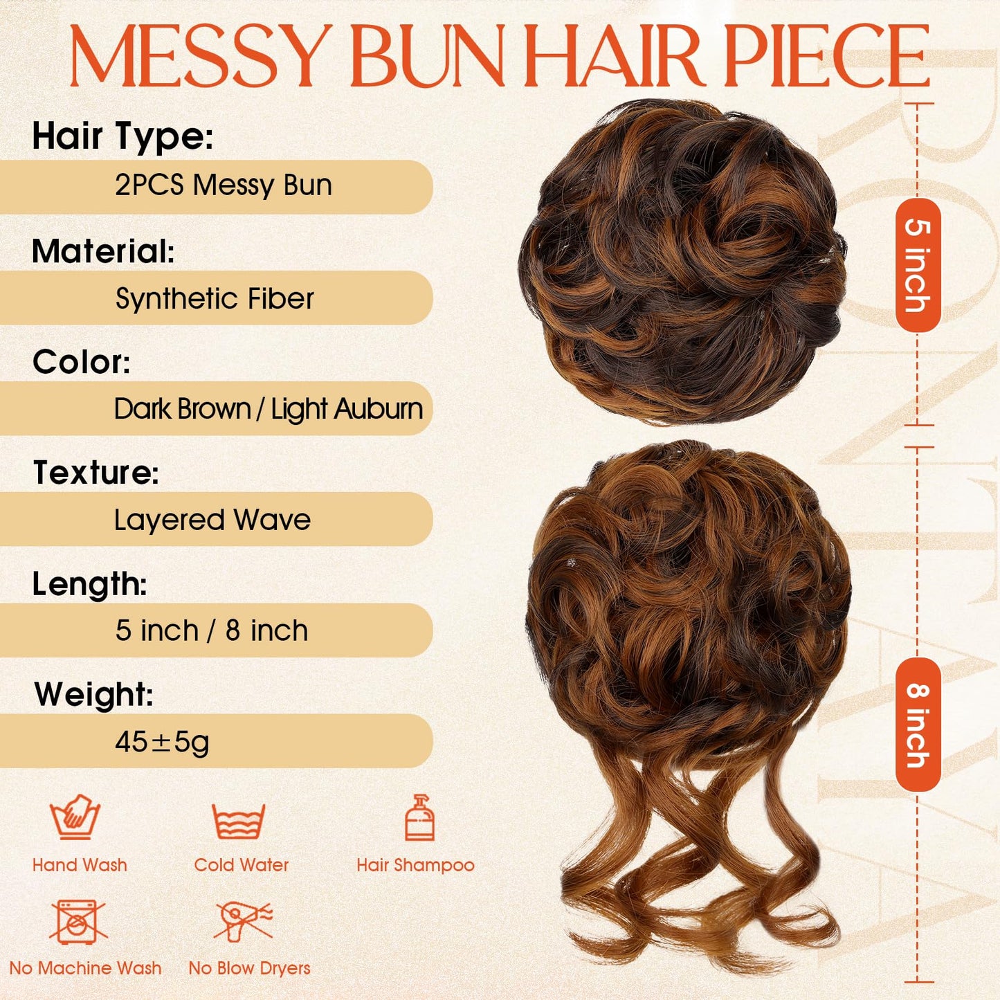 RONTAYA 2PCS Messy Bun Hair Piece Wavy Curly Scrunchies Synthetic Chignon Ponytail Hair Extensions Updo Hairpieces for Women Dark Brown/Light Auburn