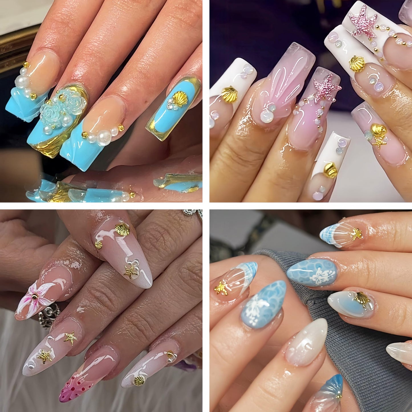 3D Metal Nail Art Studs Mixed Shapes Gold Shell Seahorse Starfish Conch Alloy Nail Rivets Seashell Starfish Nail Rhinestones Ocean Theme Designs Summer Beach DIY Crafts Manicure Decoration 12 Grids