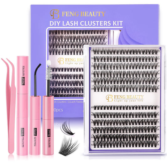 FENG BEAUTY Lash Clusters Kit – 240pcs Wispy Eyelash Clusters with Tweezer, Bond & Seal, 30D/40D, 10–16mm Fluffy Individual Lashes, Natural Look, Waterproof DIY Cluster Lash Extensions for Daily Wear