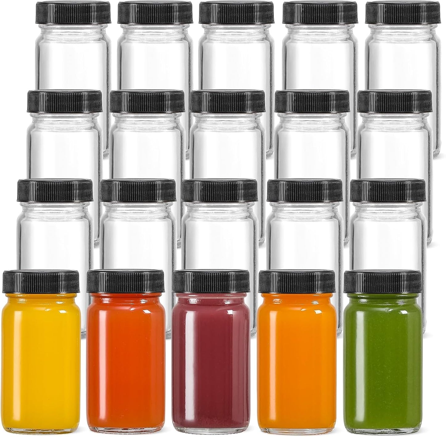 20 Pack Mini Glass Shot Bottles 2 oz with Lids & Labels - Leakproof Travel Jars for Juice, Whiskey, Wellness Shots