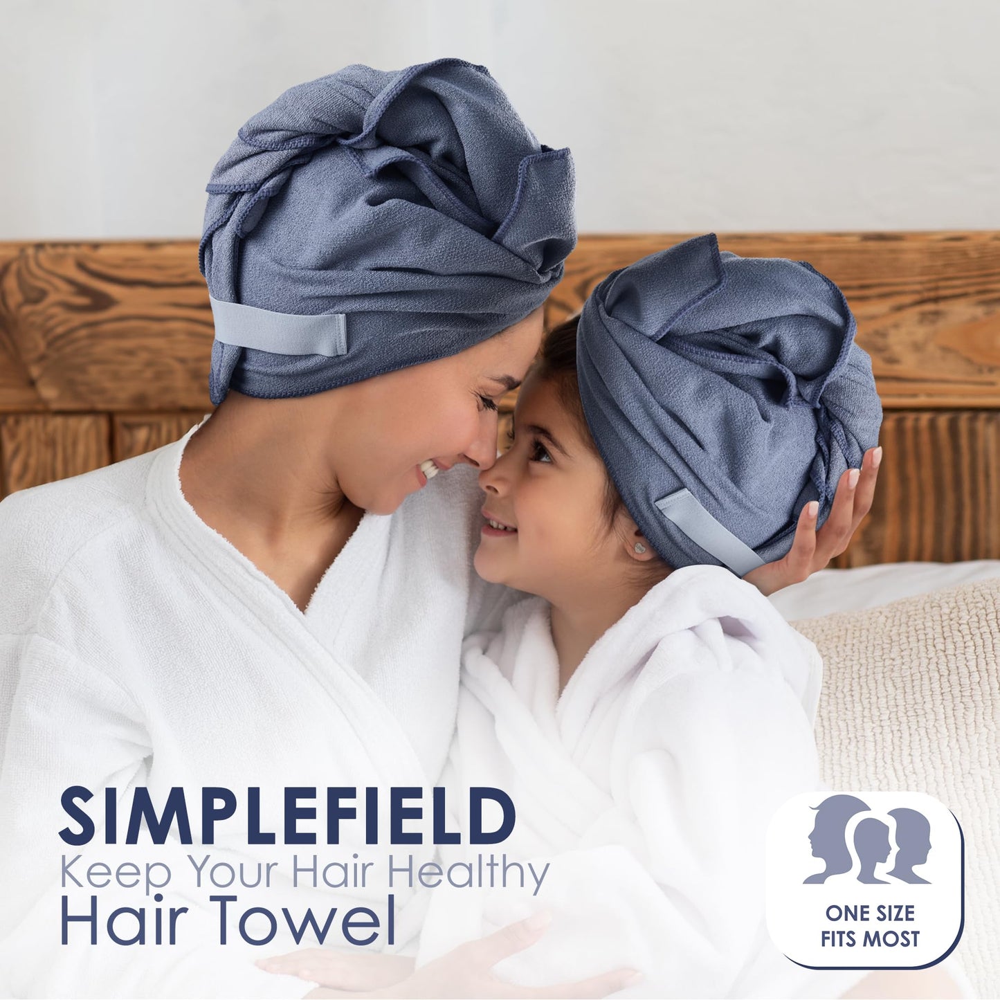 SimpleField Large Microfiber Hair Towel Wrap for Women (27x40 Inches). Anti Frizz Rectangle Drying Towel with Elastic Band for Long, Curly, and Thick Hair. Includes Reusable Carry Bag (Grey)