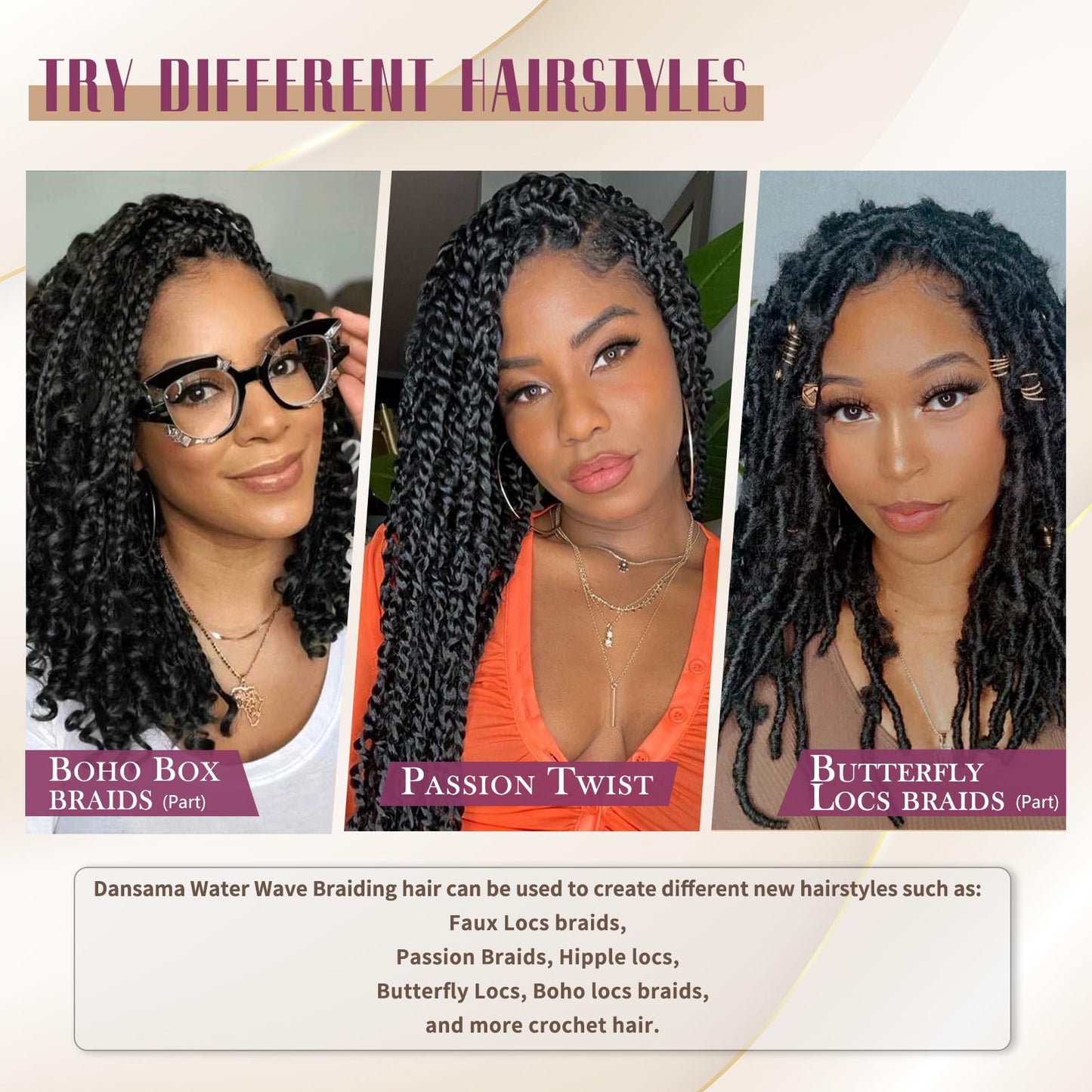 Dansama Passion Twist Hair Water Wave Crochet Hair for Black Women, Long Bohemian Braiding Hair for Boho Locs, Faux Locs, Butterfly Style Crochet Braids Hair Extensions (18inch, 1B, Economy Pack)