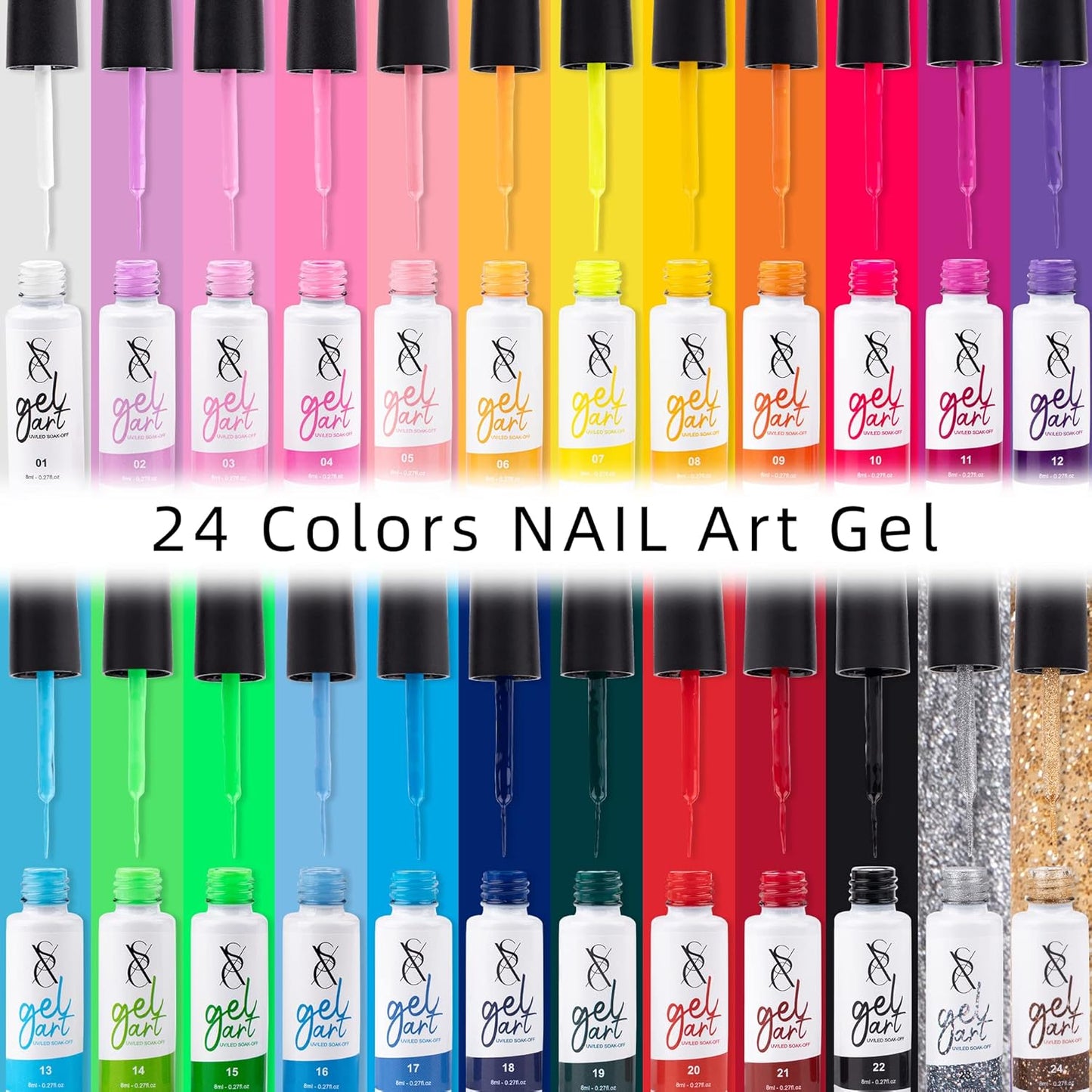 24-Color Gel Liner Set for Nail Art - SXC Cosmetics with Thin Brush for Swirl Designs