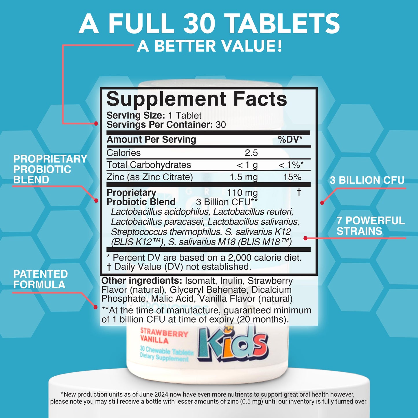 Oral Probiotics for Mouth Bad Breath Treatment for Kids Dental Care & Cavity Prevention with BLIS K12 M18 β Dr Formulated Dental Probiotics for Teeth and Gums, 30 Chewable Tablets Strawberry Vanilla