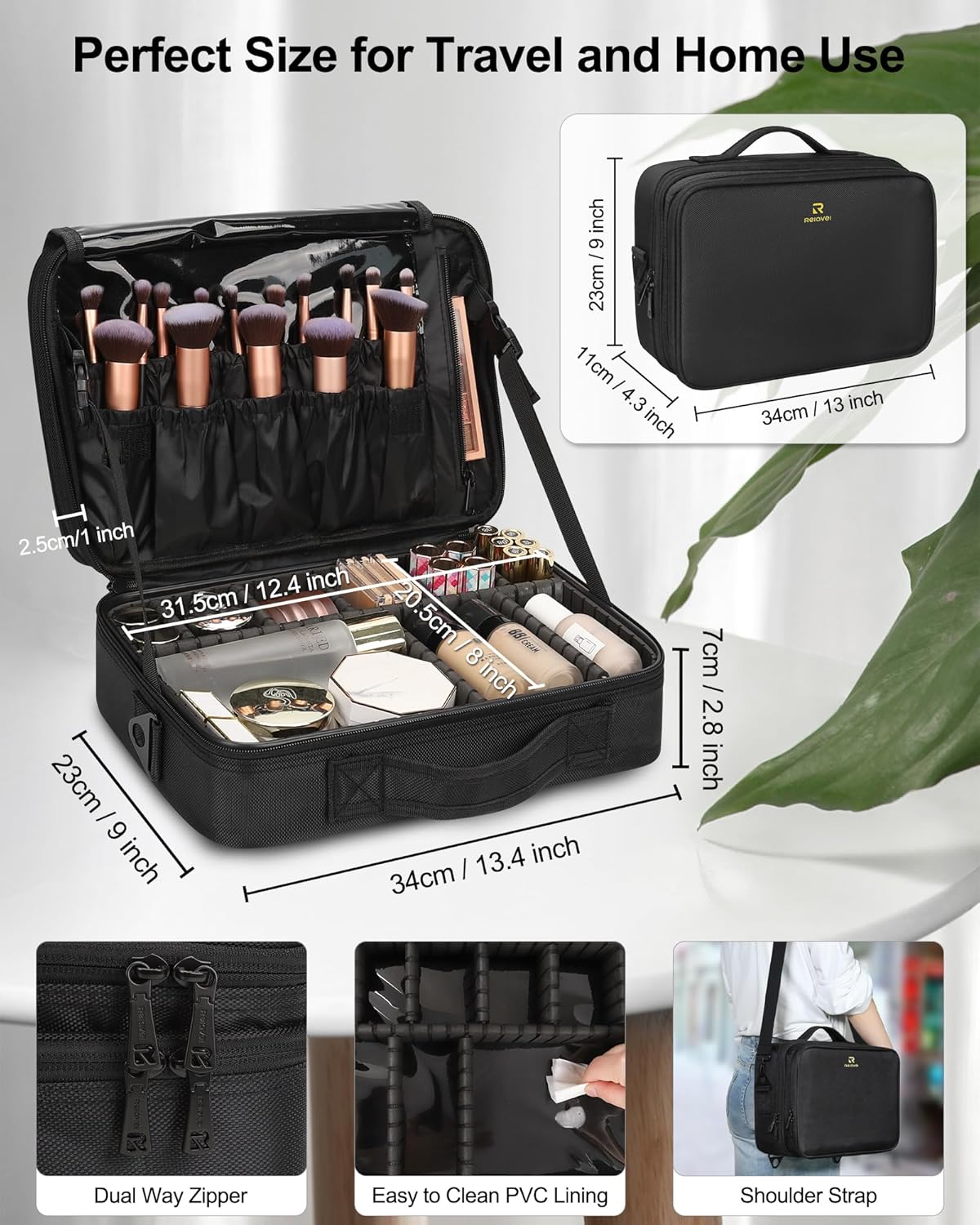 Relavel Portable Travel Makeup Case Organizer with Adjustable Dividers - Black Cosmetic Storage for Brushes, Toiletries & Jewelry