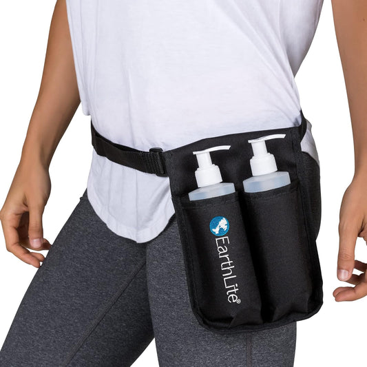 EARTHLITE Double Holster Massage Bottle Kit - 2 Heavy-Duty 8oz Bottles & Adjustable Strap for Oils & Lotions