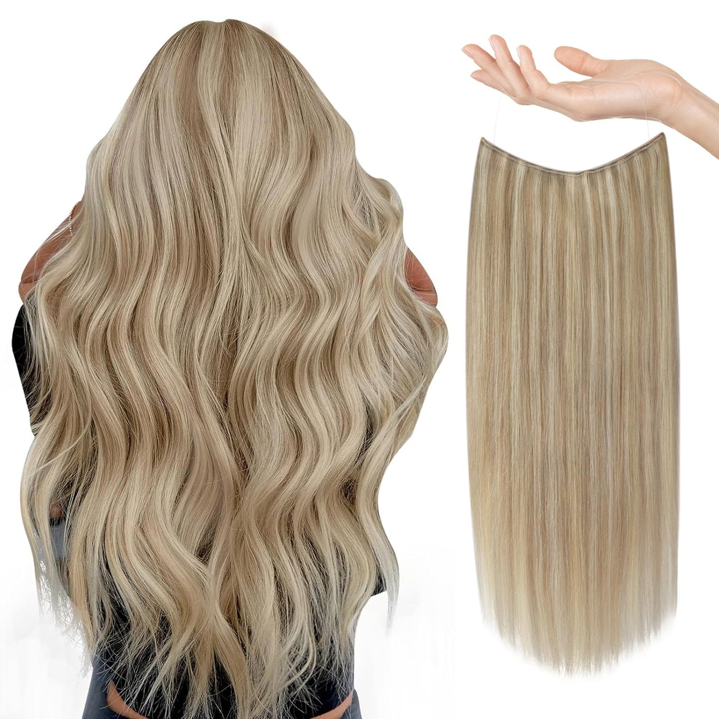 Sunny Wire Hair Extensions Real Human Hair Fish Line Human Hair Extensions Invisible Wire Extensions Golden Blonde with Medium Blonde Highlights #16/22 18 Inch
