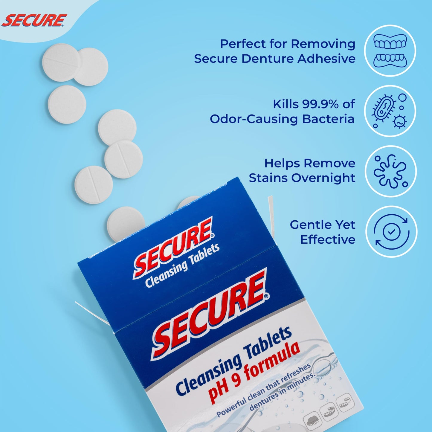 Secure Daily Cleansing Tablets - pH 9 Formula Thoroughly Cleans Dentures - FSA & HSA Approved - Fights Odors, Stains & Germs - For Dentures, Nightguards, Retainers & Partials - 32 Tablets (1 Pack)