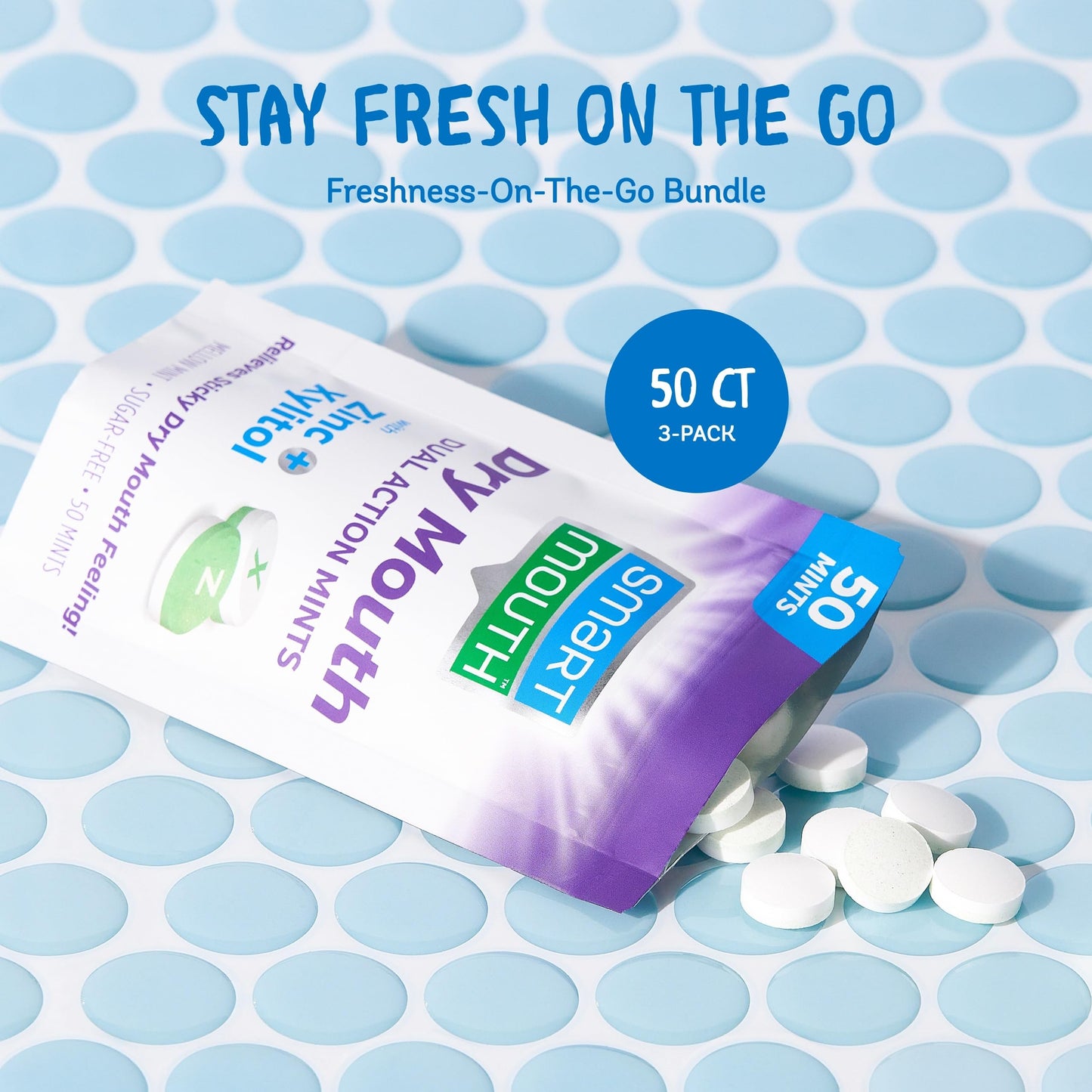 SmartMouth Dry Mouth Dual-Action Mints - Sugar-Free Breath Mints - 50 Count, 3 Pack, Mellow Mint