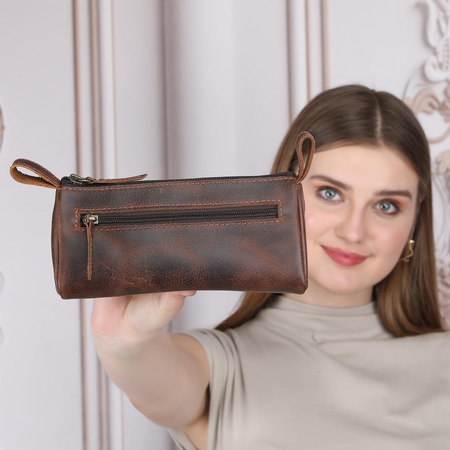 TheAntiq Brown Leather Cosmetic Bags for Women Travel Cosmetic Cases - Multipurpose Zippered Makeup Bag, Small leather Cosmetic Case for Purse - Genuine Leather Makeup Bag Handmade Makeup Pouch