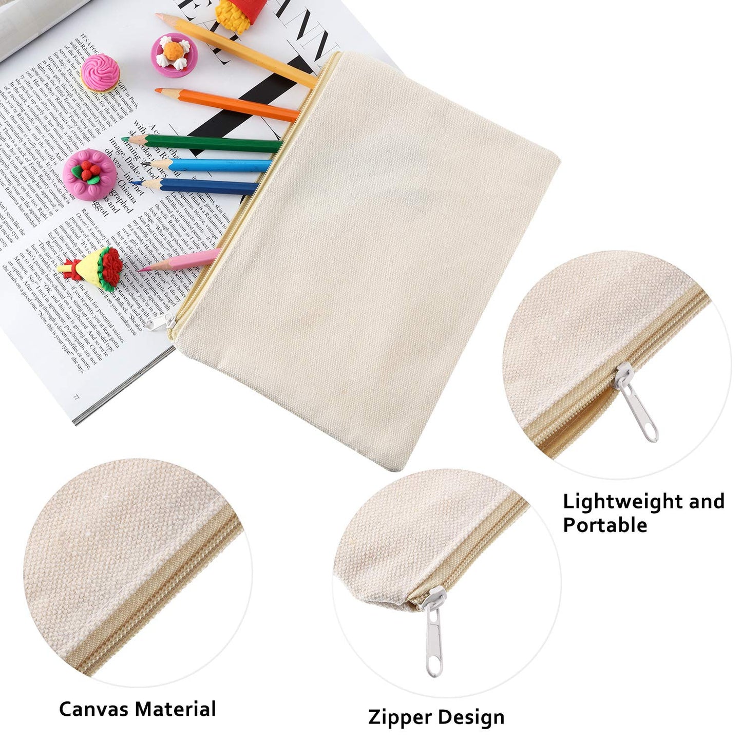 16 Pack Canvas Makeup Bags - Blank Zipper Pouches for DIY Crafts & Travel Toiletry Storage (Beige)