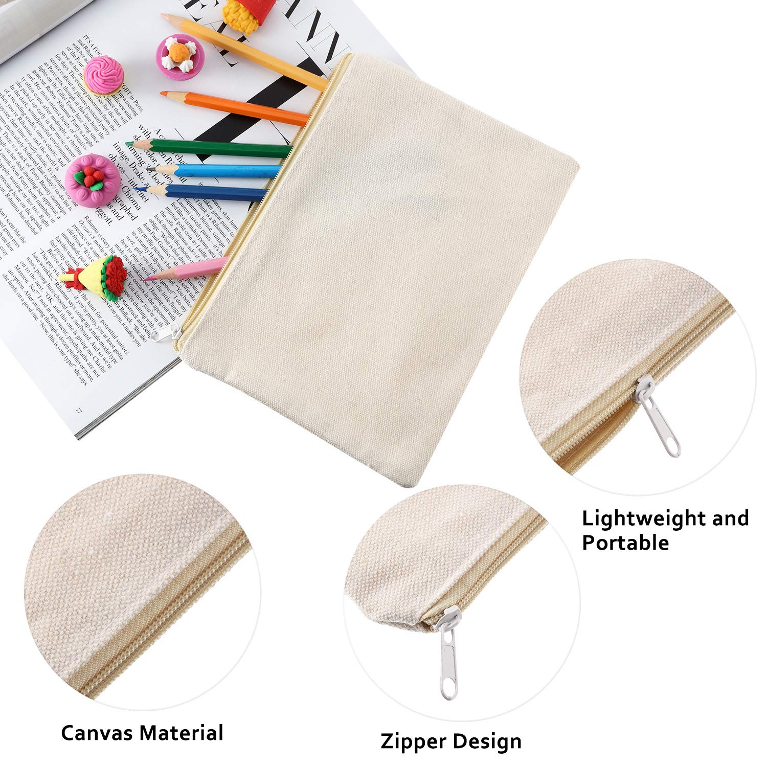 16 Pack Canvas Makeup Bags - Blank Zipper Pouches for DIY Crafts & Travel Toiletry Storage (Beige)
