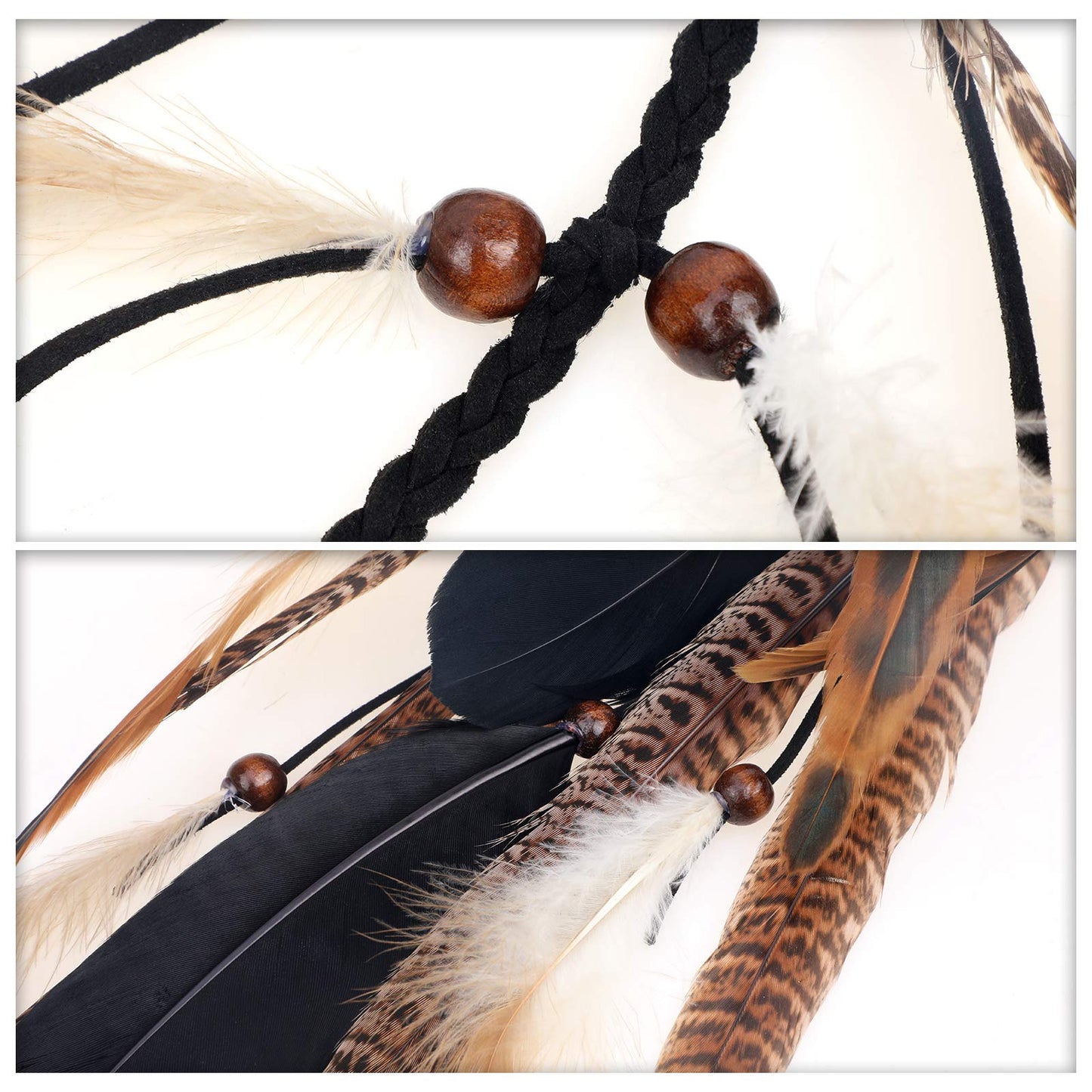 MWOOT 2Pcs Feather Hair Clip-in Extensions for Women Halloween Cosplay Costume Carnival Party Headdress, Handmade Bohemian Hippie Hair Clip Comb, Mixed Peacock Pheasant Tails Feather Clips Black Brown
