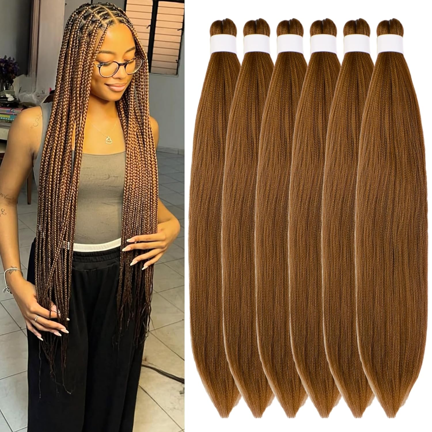 Ash Brown Pre-Stretched Knotless Braiding Hair Extensions - 6 Packs Synthetic Box Braids