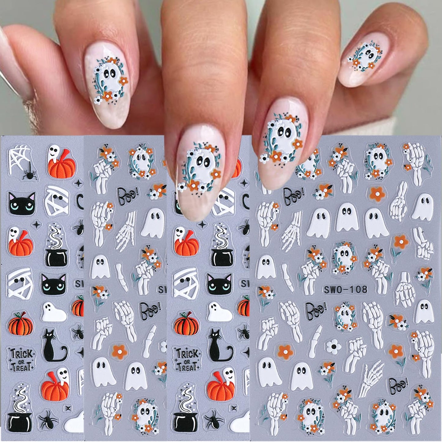 4 Sheets Halloween Nail Stickers for Nail Art Scary Black Cat Mummy Spider Web Nail Art Stickers 5D Spider Pumpkin Nail Decals Self-Adhesive Ghost Skeleton Nail Supplies for Women Nails Decoration