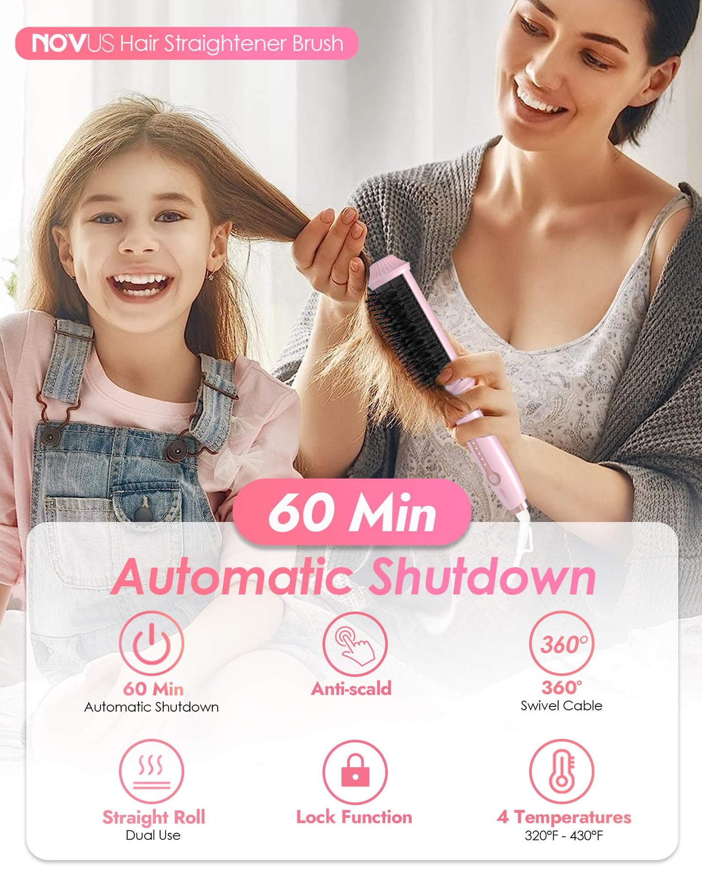 NOVUS Ionic Hair Straightener Brush, 4 Temps & 30s Heating & Auto-Off, Anti-Scald Ceramic Straightening Comb Fast Heating for Home Salon, Less Frizz & Smoother Hair for All Hair Types