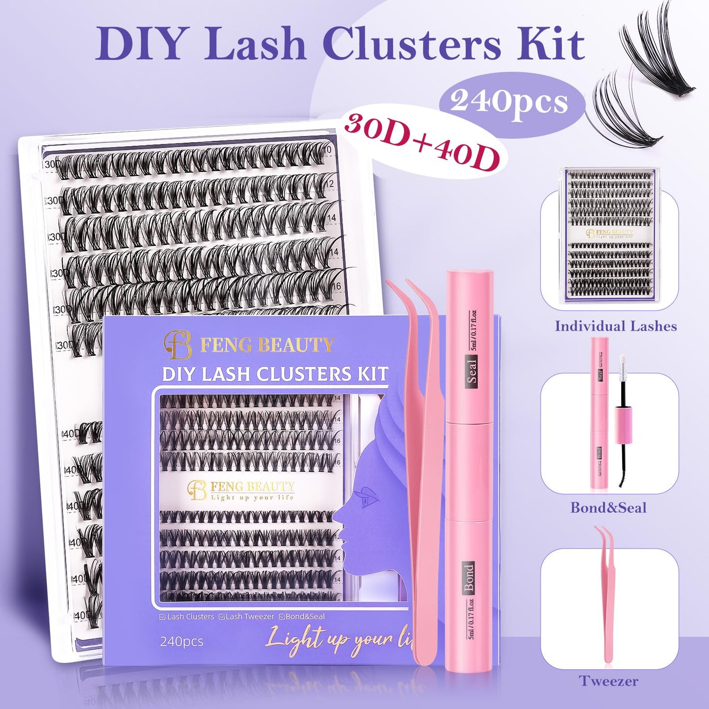 FENG BEAUTY Lash Clusters Kit – 240pcs Wispy Eyelash Clusters with Tweezer, Bond & Seal, 30D/40D, 10–16mm Fluffy Individual Lashes, Natural Look, Waterproof DIY Cluster Lash Extensions for Daily Wear
