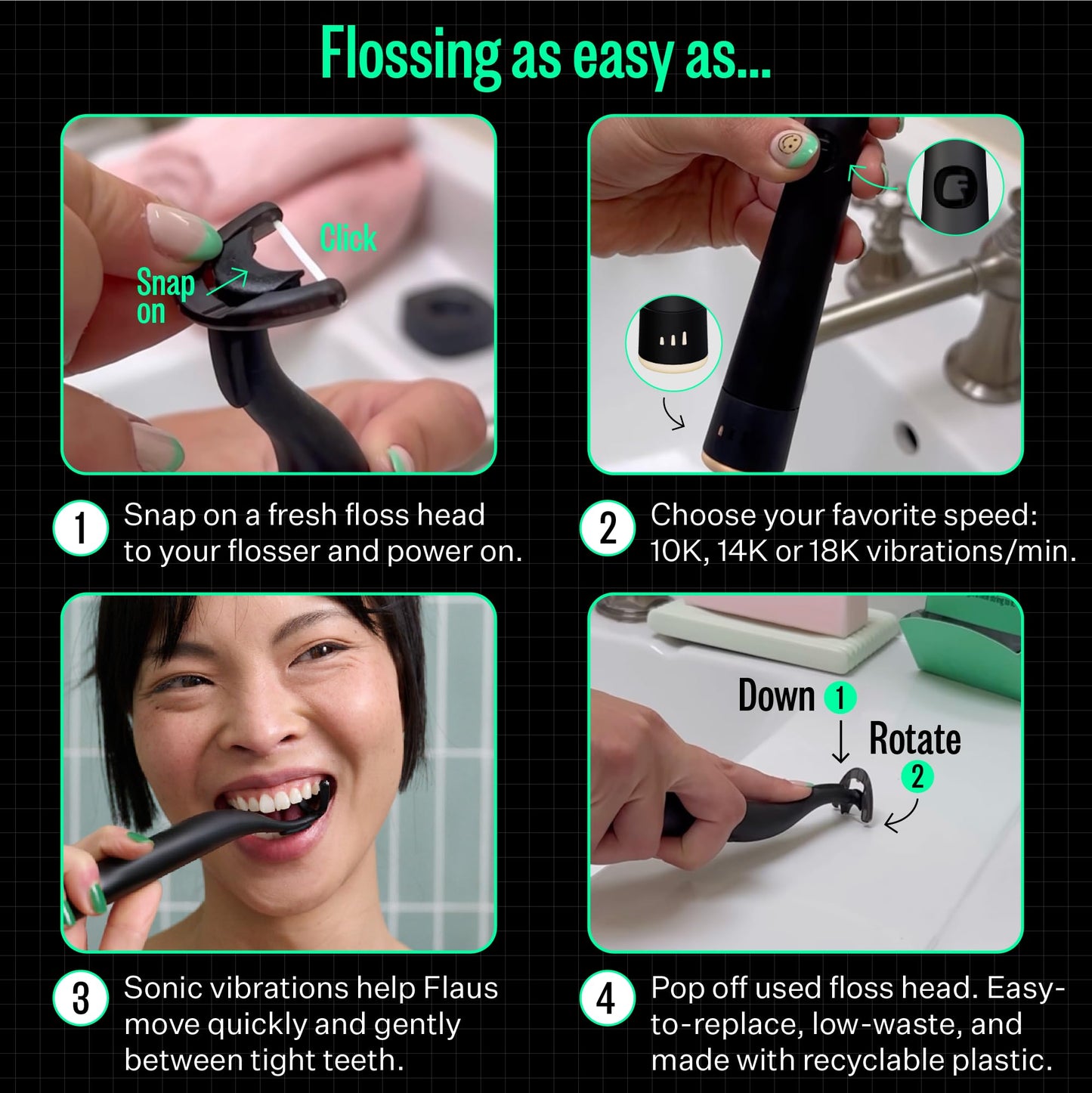FLAUS Electric Flosser (Shark Tank) 3 Speeds + 45 Refill Heads w/Gentle Gliding Floss for Sensitive Gum Care - Water Flosser Alternative, Dentist Recommended Tooth Flossers, Eco Dental Floss Picks