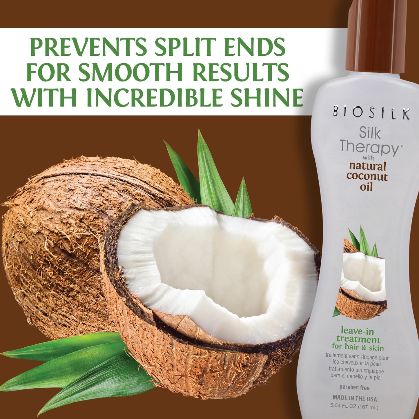 Biosilk Silk Therapy with Natural Coconut Oil Leave-In Treatment, Helps Control Frizz & Flyaways, Sulfate, Paraben & Cruelty-Free, 5.64 Oz
