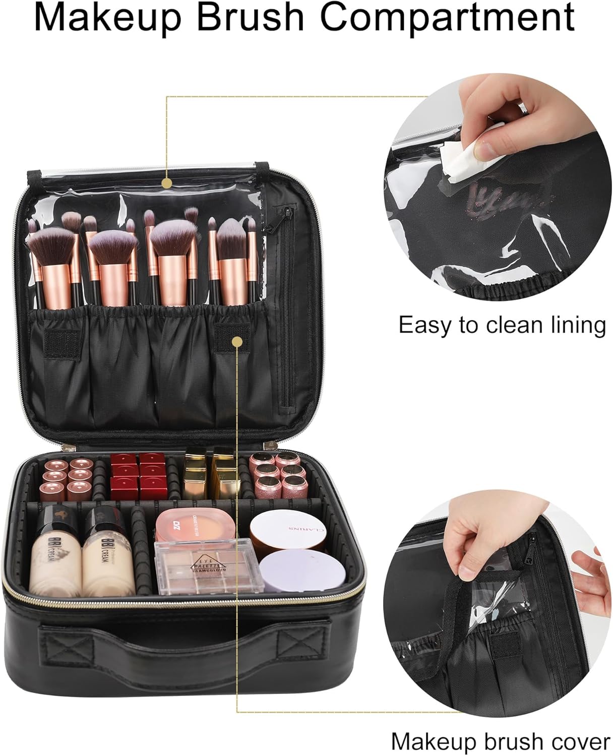 Relavel Portable Travel Makeup Case Organizer with Adjustable Dividers - Black Cosmetic Storage for Brushes, Toiletries & Jewelry