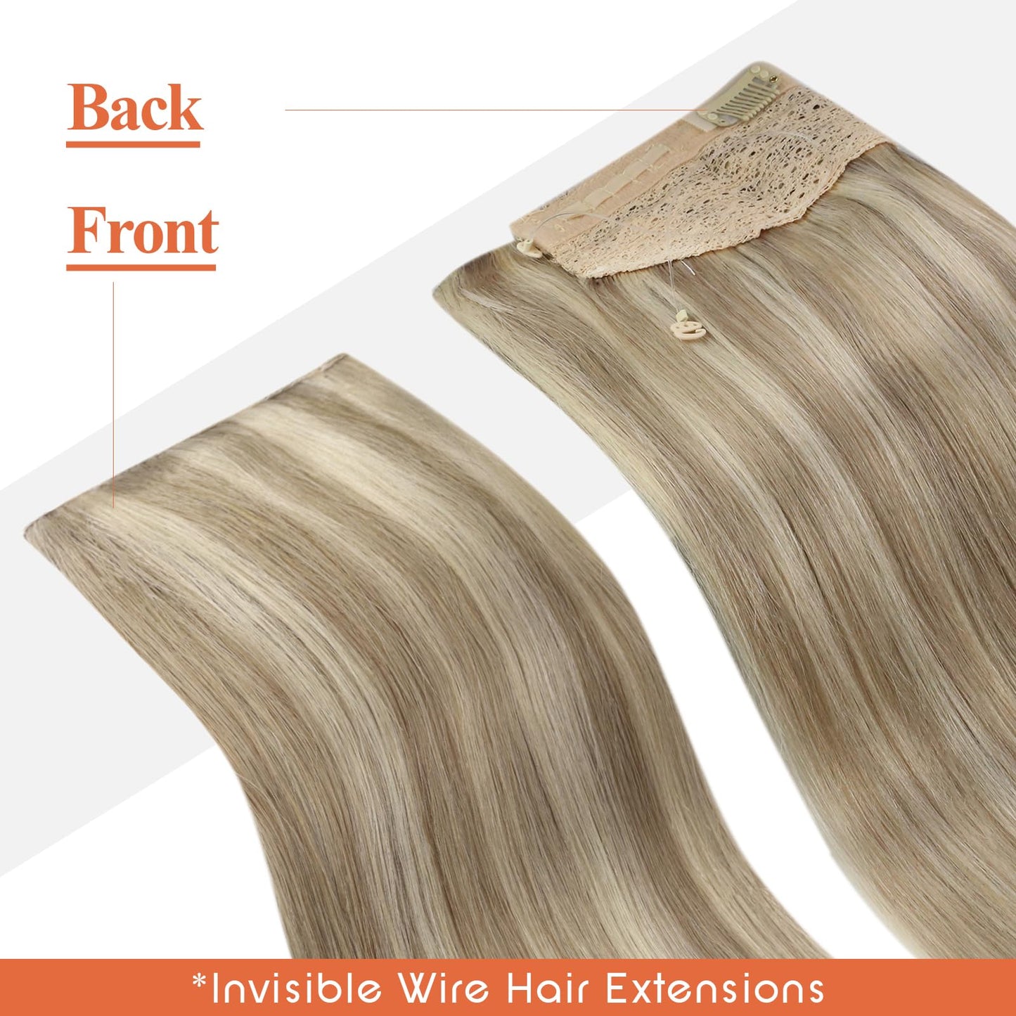Sunny Wire Hair Extensions Real Human Hair Fish Line Human Hair Extensions Invisible Wire Extensions Golden Blonde with Medium Blonde Highlights #16/22 18 Inch