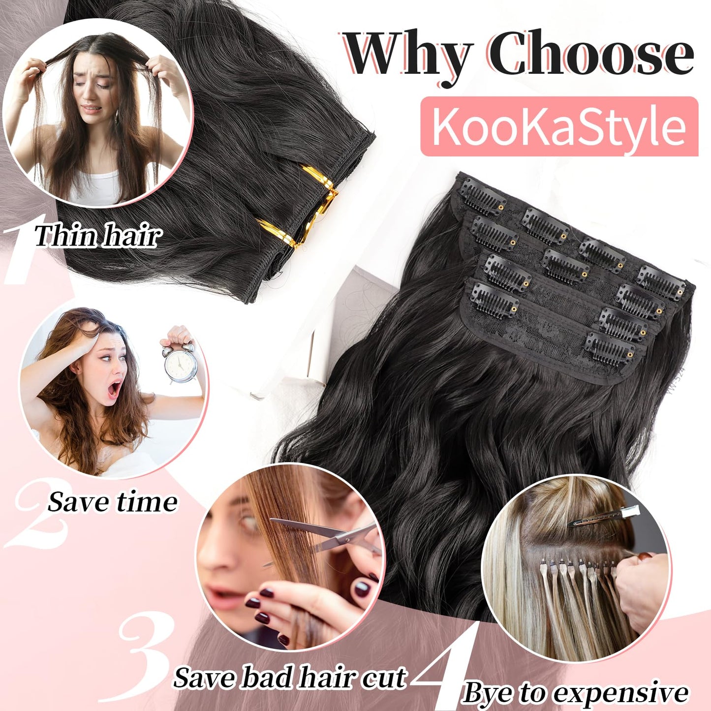 KooKaStyle Clip in Synthetic Hair Extensions Long Wavy 4PCS Thick Hairpieces Black Fiber Double Weft Natural Hair Extensions 24 Inch for Women