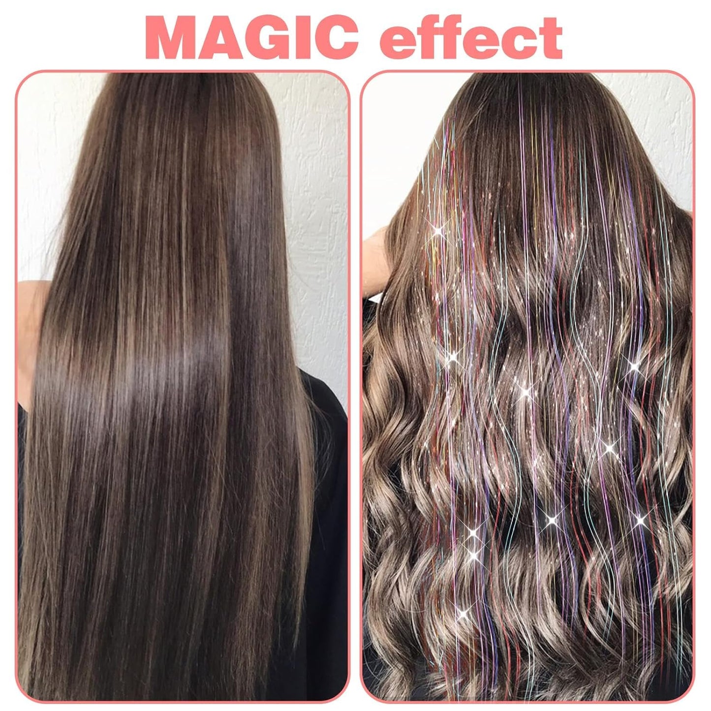 ZYXQZYX Hair Tinsel Kit Pack of 18 Pcs Hair Tinsel Clip in 19.6Inch Glitter Tinsel Hair Extensions Heat Resistant Clip in Hair Tinsel Sparkle Fairy Hair Accessories for Kids Girls Women (Pink)