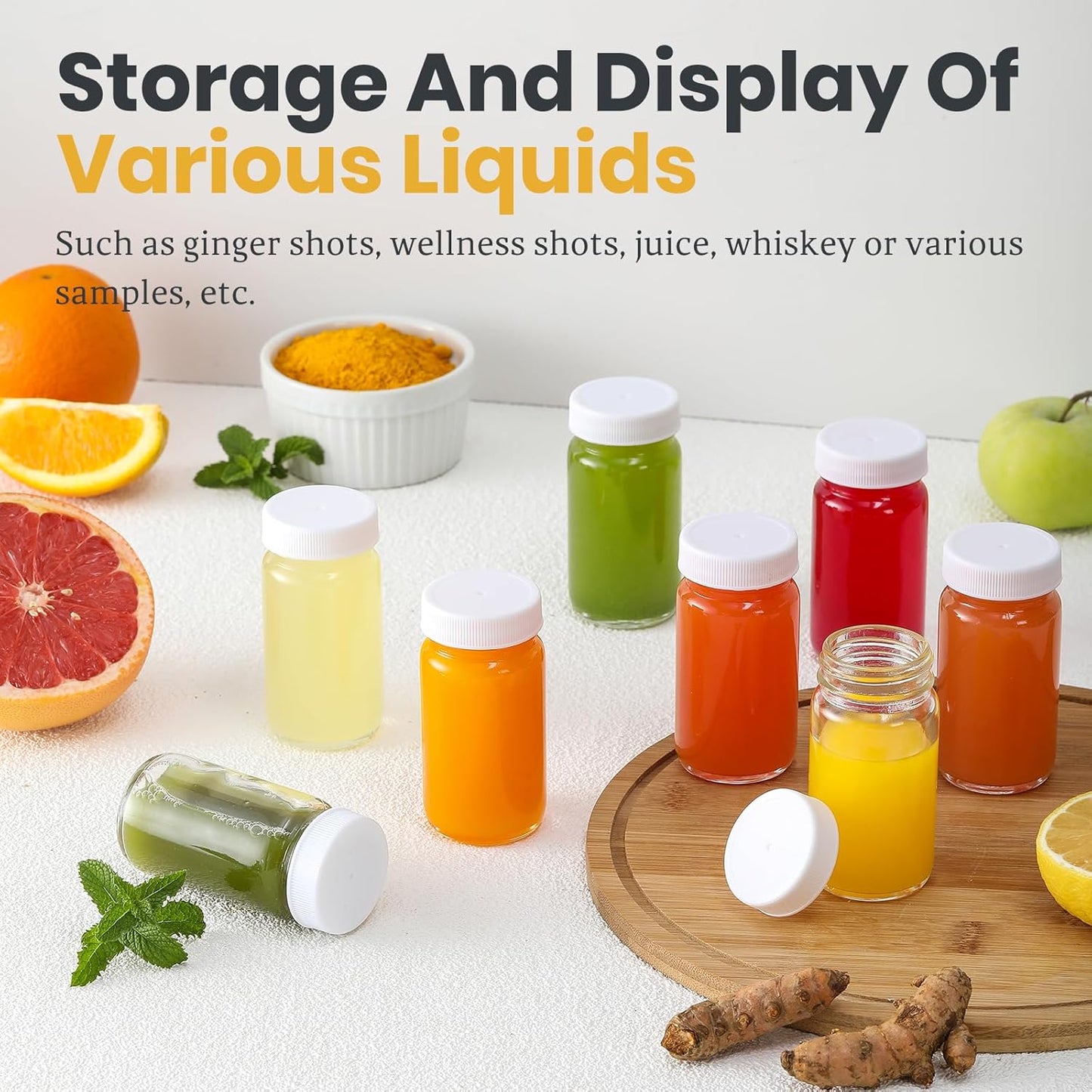 20 Pack Mini Glass Shot Bottles 2 oz with Lids & Labels - Leakproof Travel Jars for Juice, Whiskey, Wellness Shots