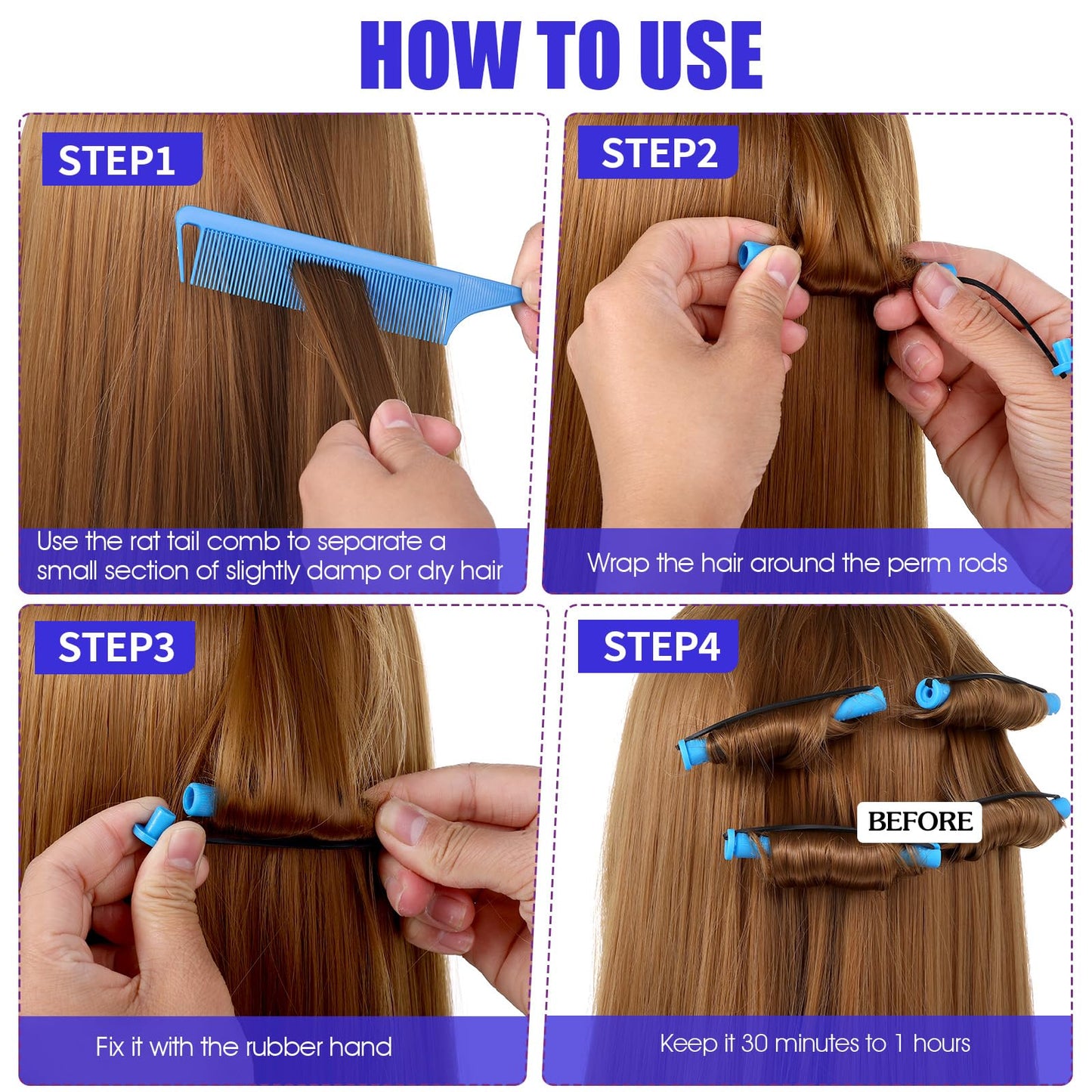 20 Pcs Perm Rods, ABS Plastic Silicone Curling Rods, Cold Wave Heatless Curlers Rollers for Short Long Hair Natural Waves, Curls, Voluminous Styles (0.35 Inches, Blue)
