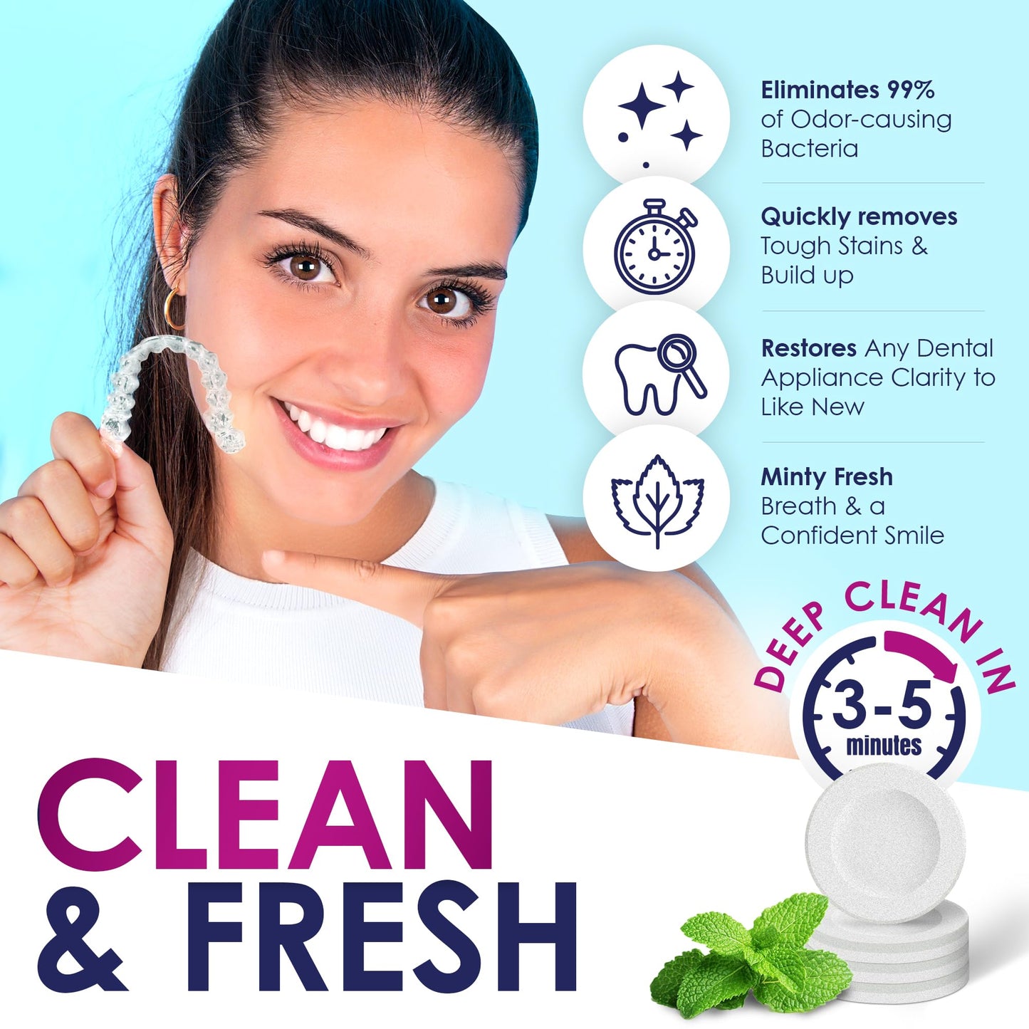 Retainer Cleaner Tablets - 120 Denture Cleaning Tablets & Aligner Cleaner - Removes Odors & Stains – For Aligners, Retainers, Dentures, Night Guards - Mint Flavor