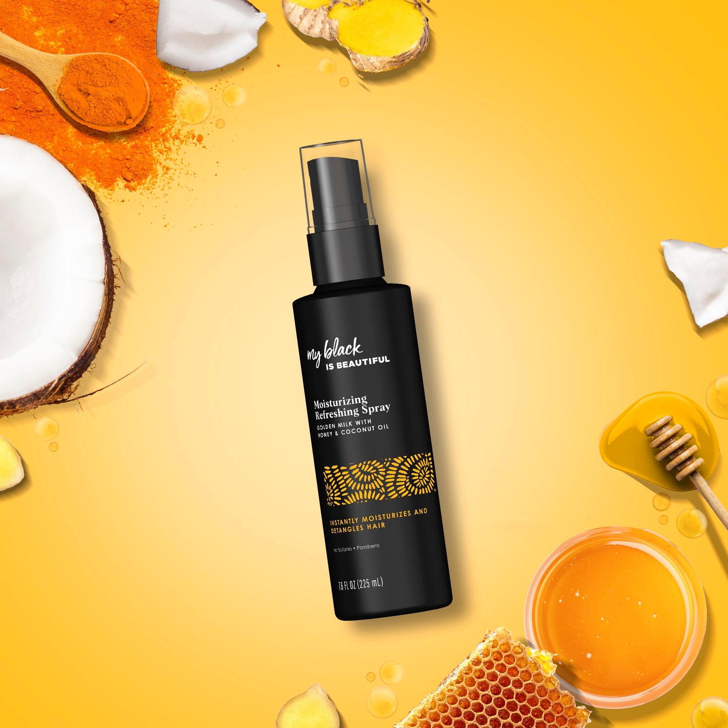 MY BLACK IS BEAUTIFUL Detangler Spray, Sulfate Free, for Curly and Coily Hair with Coconut Oil, Honey and Turmeric, 7.6 fl oz