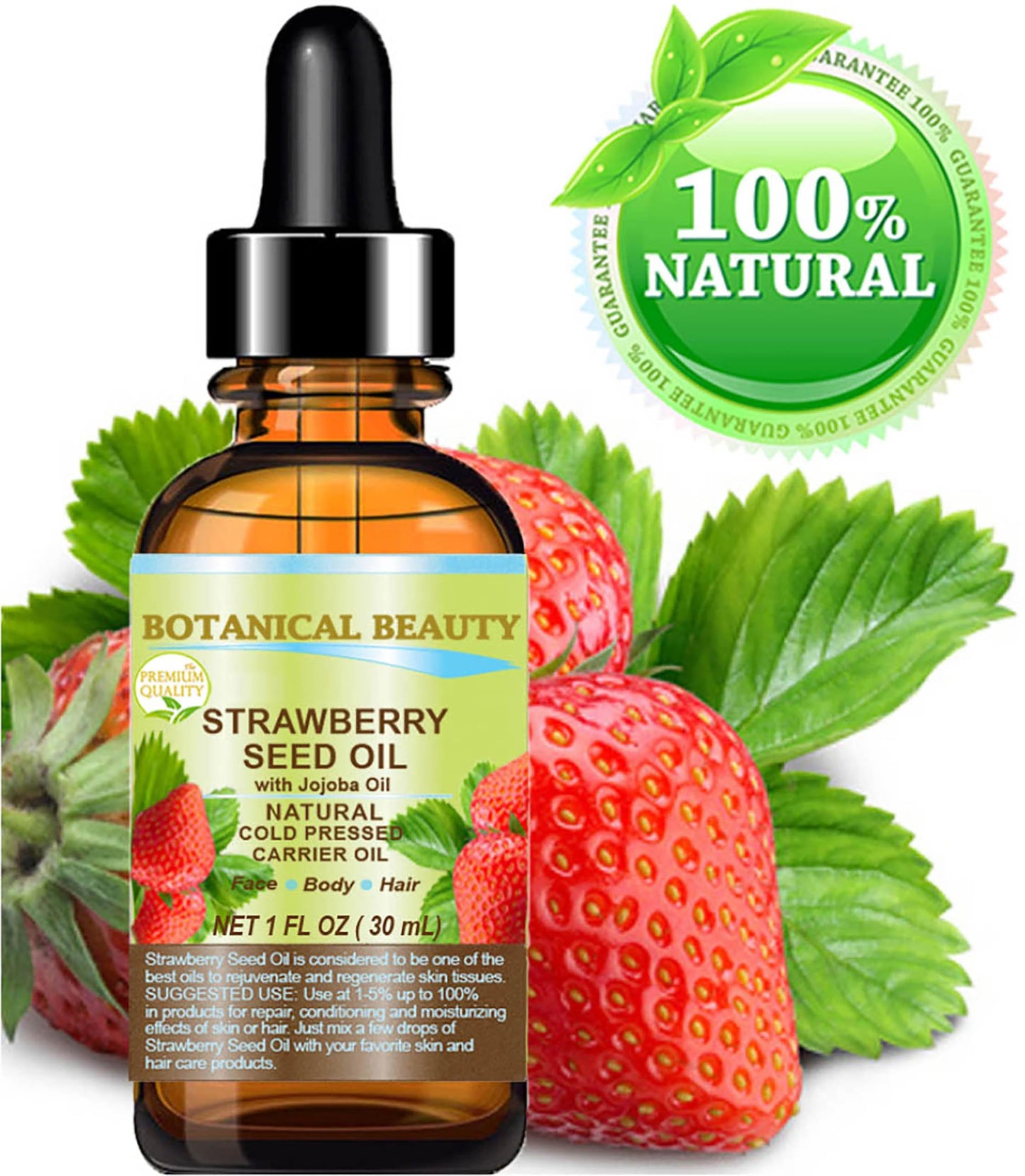Botanical Beauty STRAWBERRY SEED OIL 100% Pure Natural Moisturizer. Cold Pressed Carrier oil. 1 Fl.oz.- 30 ml. For Face, Skin, Hair, Lip, Nails. Rich in Omega-3, Vitamin C, Vitamin E