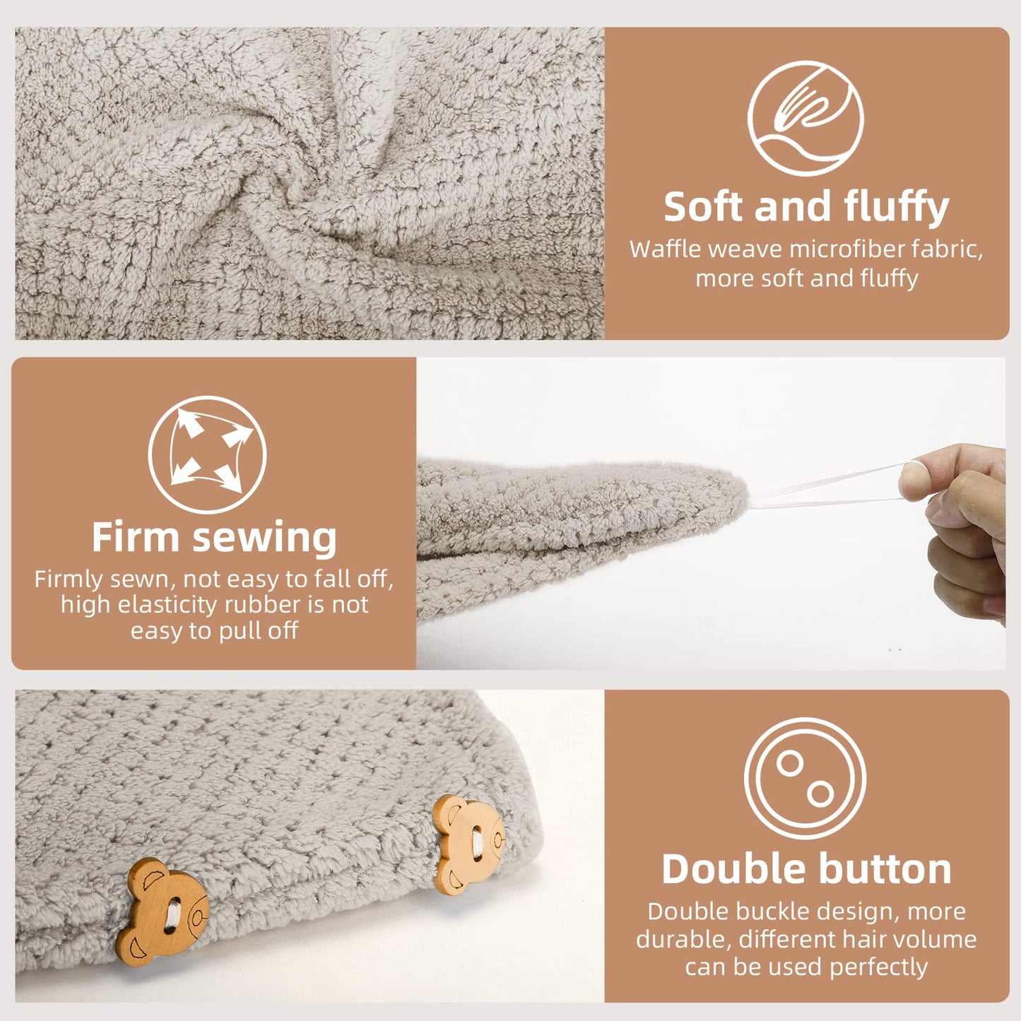 CZZXI 3 PCS Microfiber Hair Towel - Wraps for Wet Hair, Anti Frizz Turbans, for Curly Hair (Beige, Khaki, Grey)