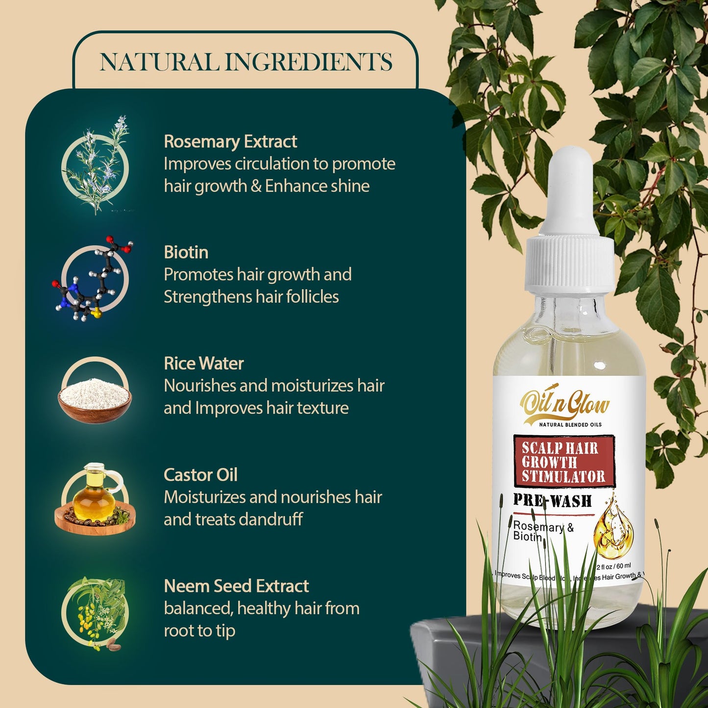OilnGlow USDA Certified Natural Pre-Wash Scalp and Hair Treatment Oil with Organic Rosemary Oil & Biotin for Hair Growth, Pre-Shampoo Growth Stimulator Serum for Thinning Hair Loss - 2 Fl Oz